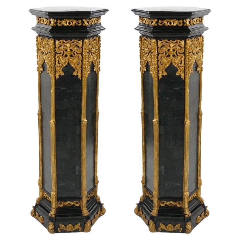 Pair Antique French Napoleon III Marble Ebonized / Gilt Wooden Pedestals