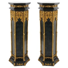 Pair Antique French Napoleon III Marble Ebonized / Gilt Wooden Pedestals