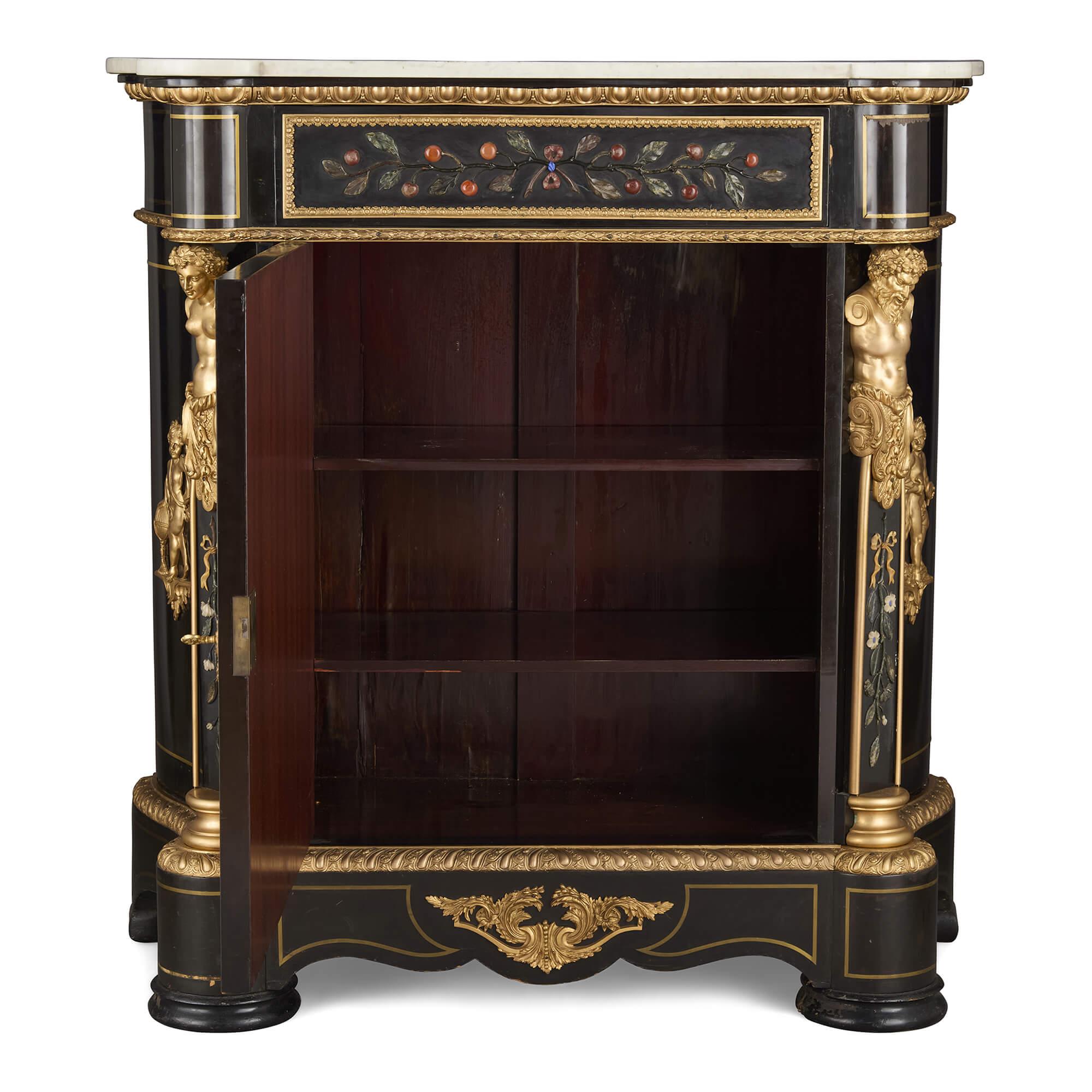 Paar Antique French Napoleon III Marmor Pietra Dura Ebonised Wood Ormolu Kabinett (Napoleon III.) im Angebot