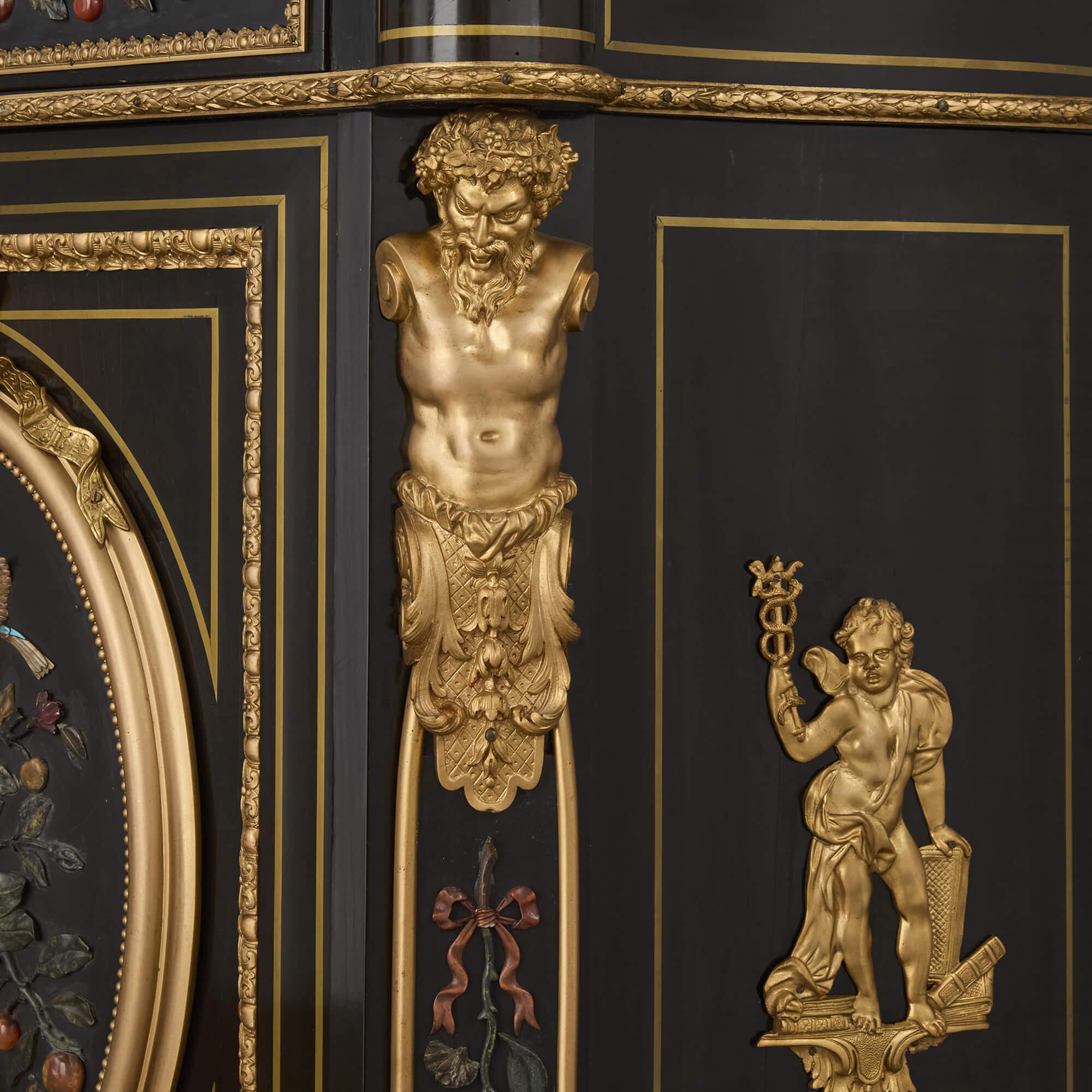 Paar Antique French Napoleon III Marmor Pietra Dura Ebonised Wood Ormolu Kabinett im Angebot 2