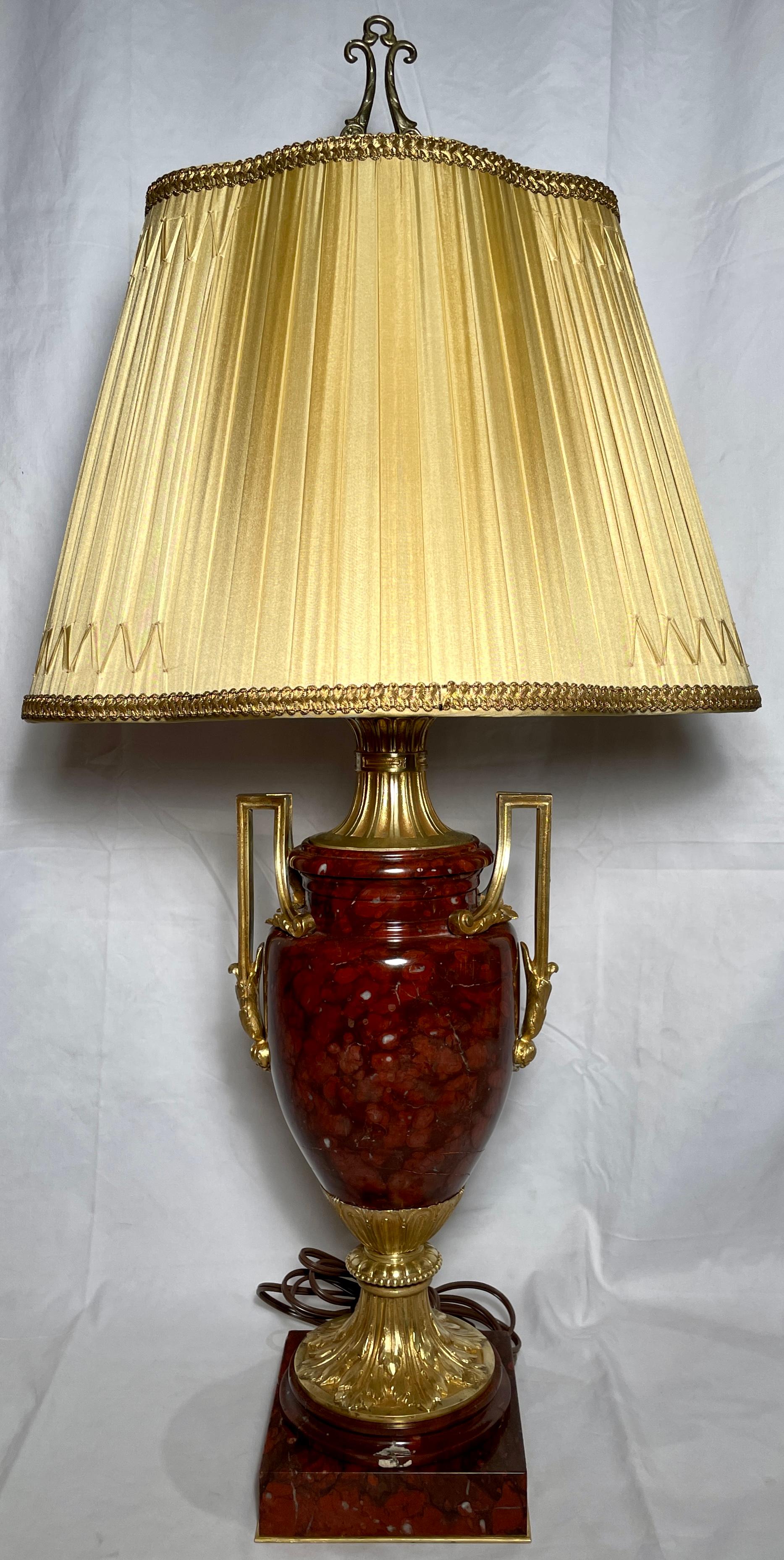 Pair antique French Napoleon III Classic style red marble and ormolu mounted lamps with handmade silk shades, circa 1875-1885.
