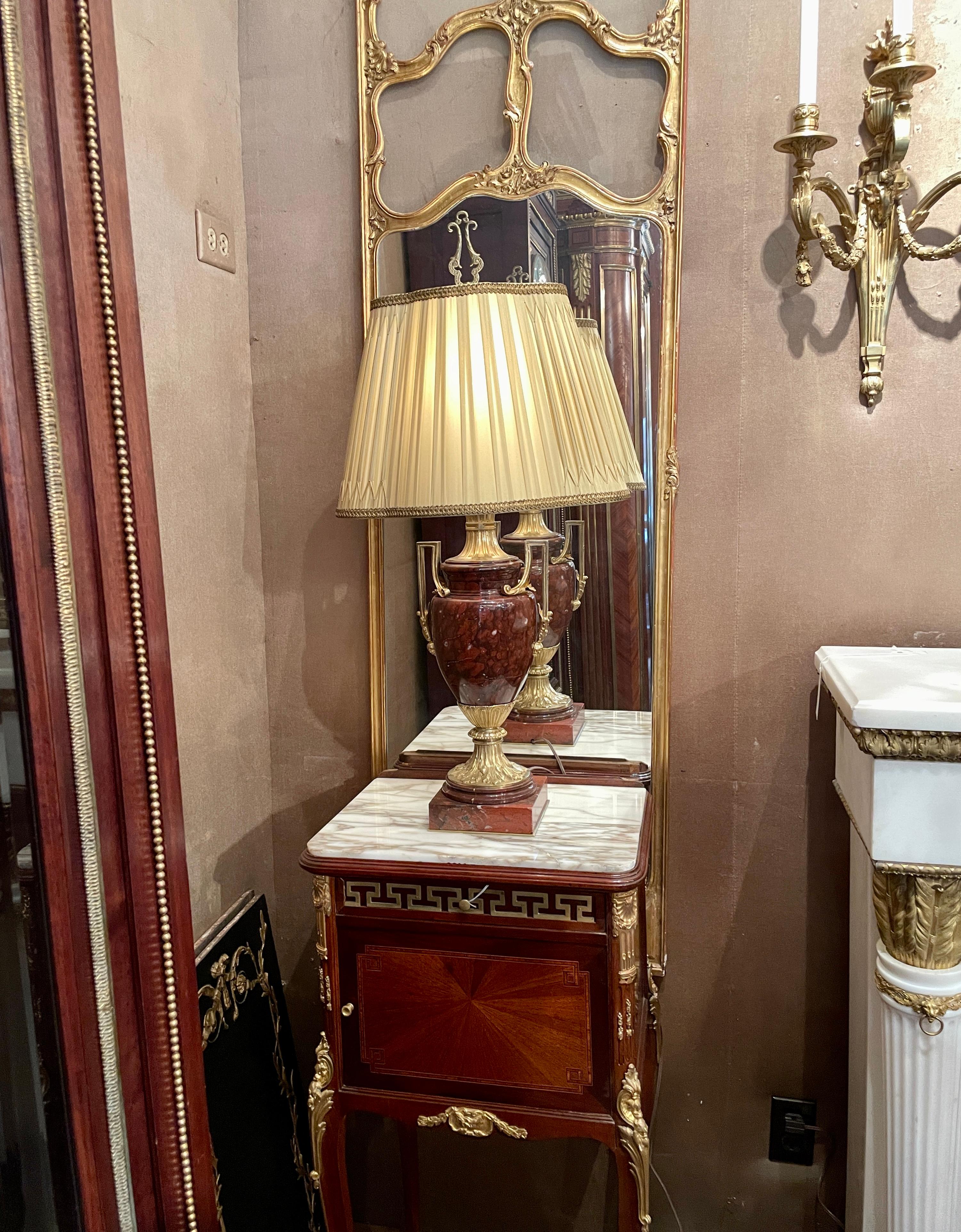 Pair Antique French Napoleon III Ormolu Mounted Red Marble Lamps w/ Silk Shades For Sale 2