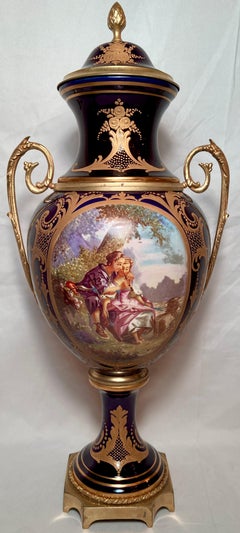 Par Antique French Napoleon III Sèvres Porcelain & Gold Bronze Urns Circa 1890s