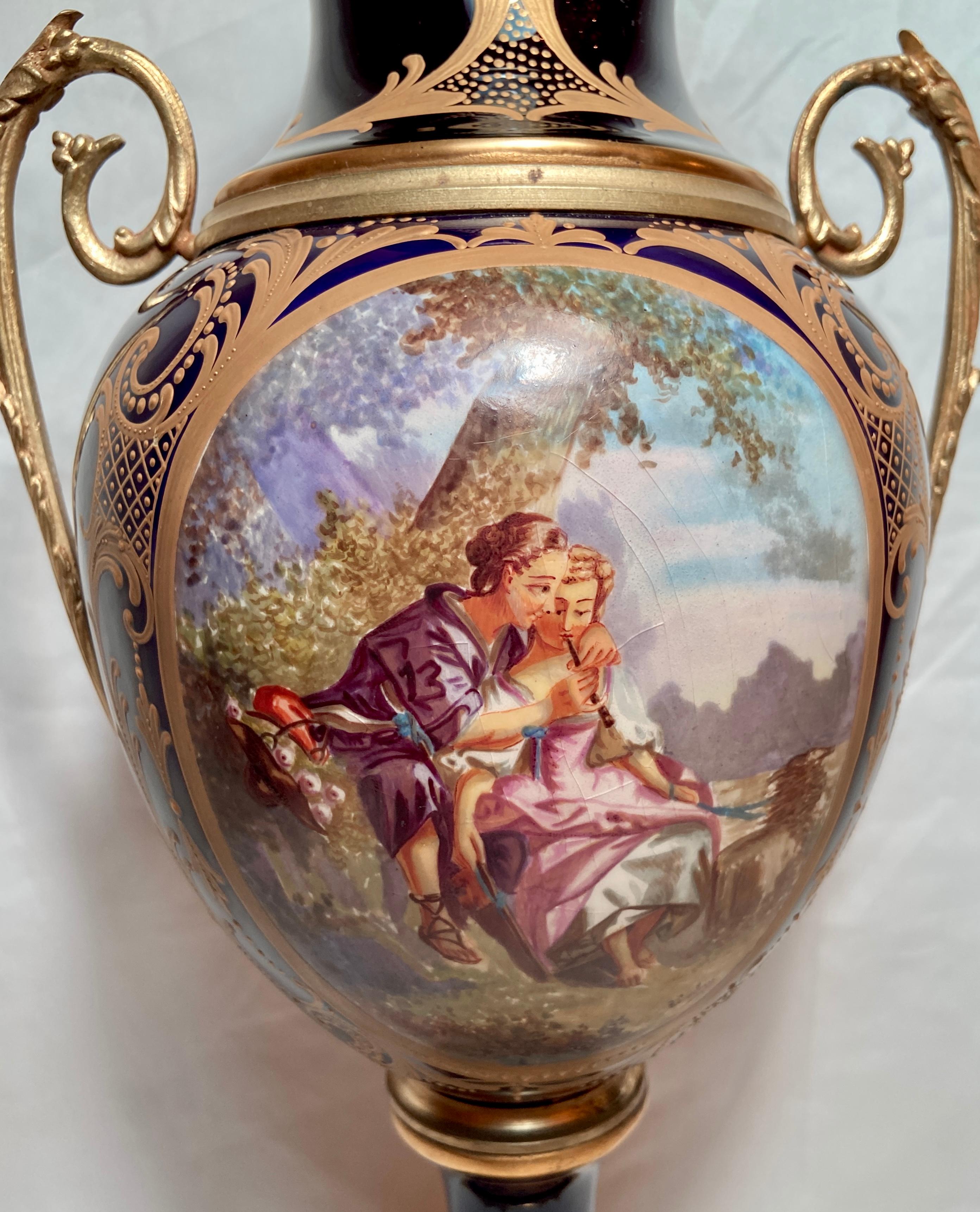 Pair Antique French Napoleon III Sèvres Porcelain & Gold Bronze Urns Circa 1890s In Good Condition For Sale In New Orleans, LA