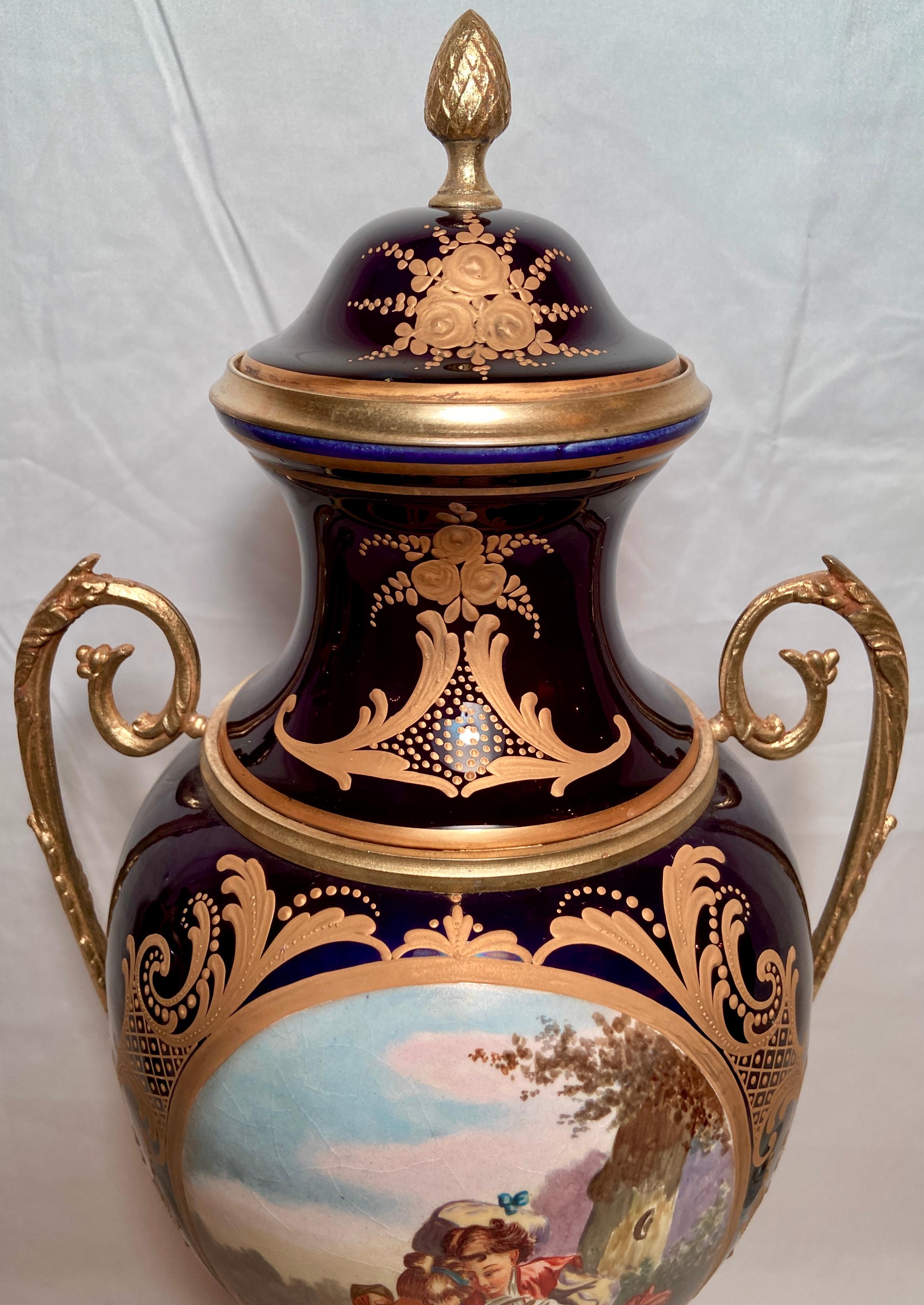 Pair Antique French Napoleon III Sèvres Porcelain & Gold Bronze Urns Circa 1890s For Sale 5