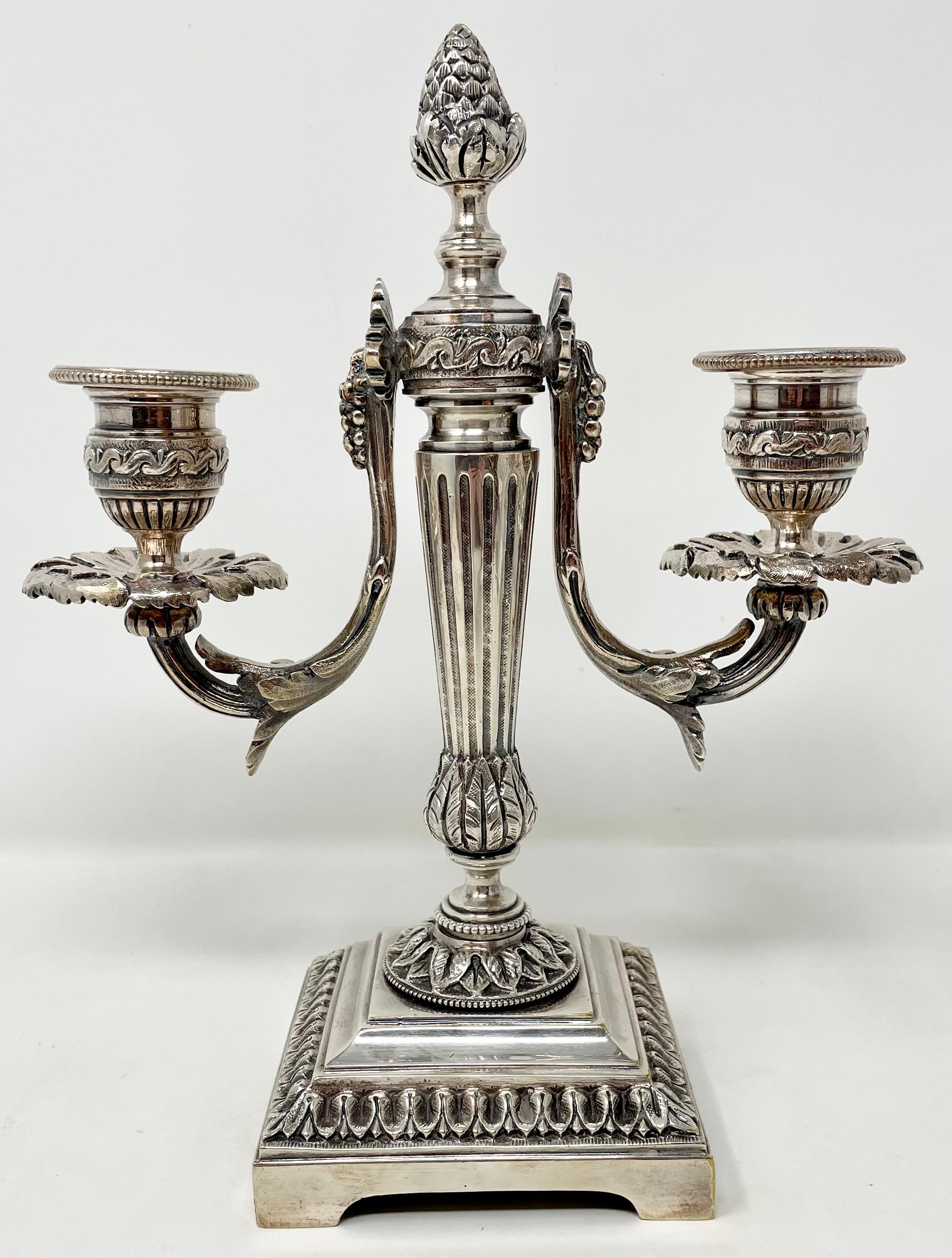 Pair Antique French Neo-Classical silvered bronze candelabra, circa 1890-1900.