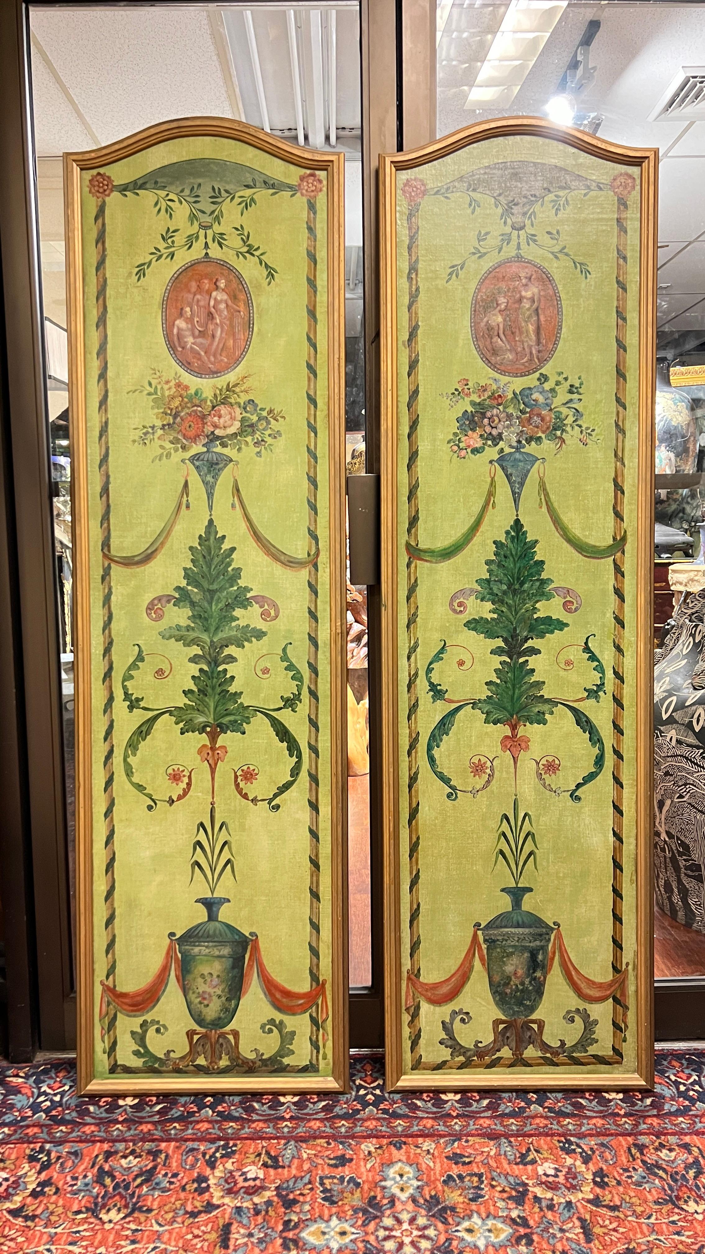 Pair Antique French neoclassical Arts Tall Painted Wooden Panels 4