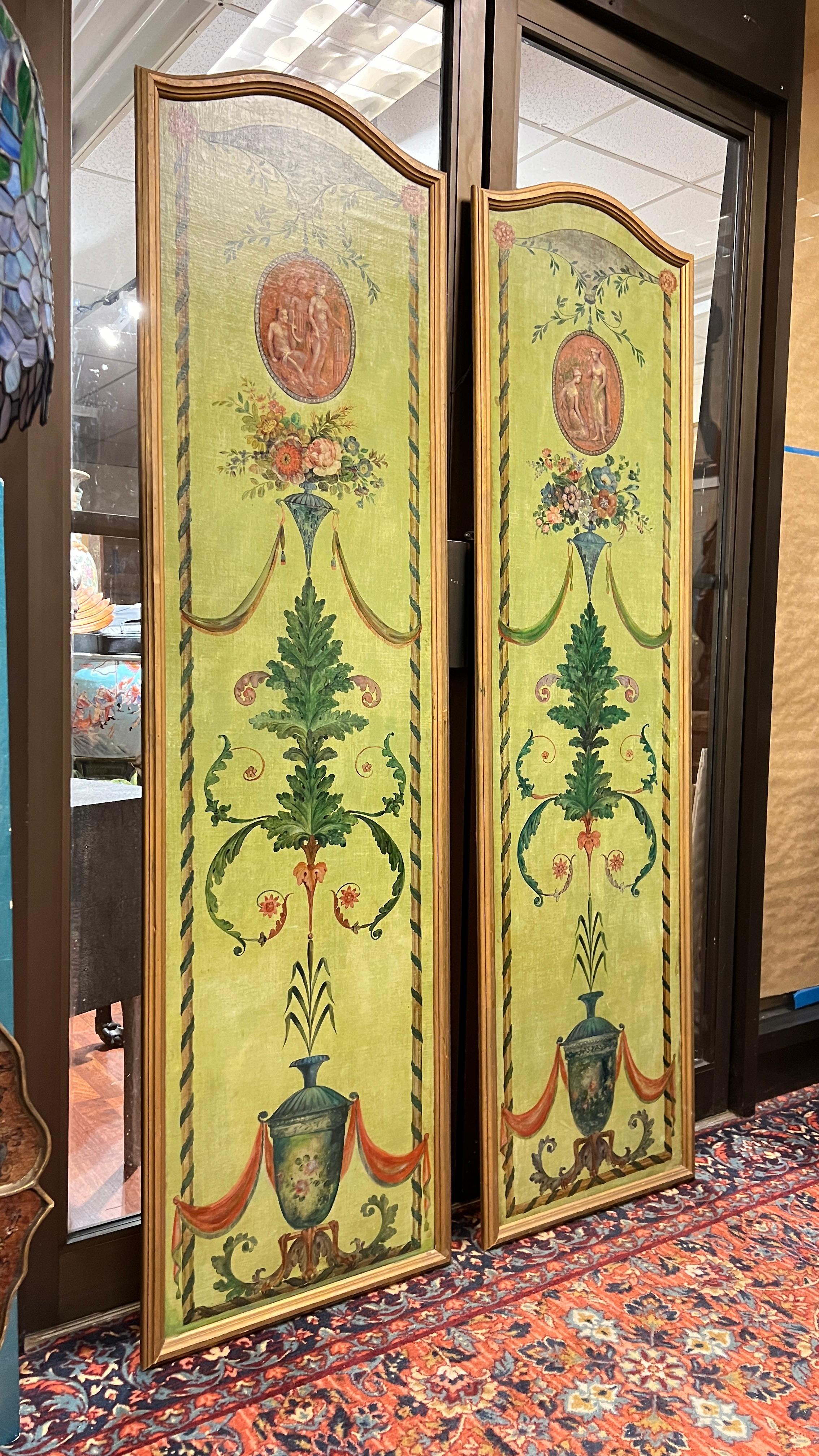 Pair Antique French neoclassical Arts Tall Painted Wooden Panels 5
