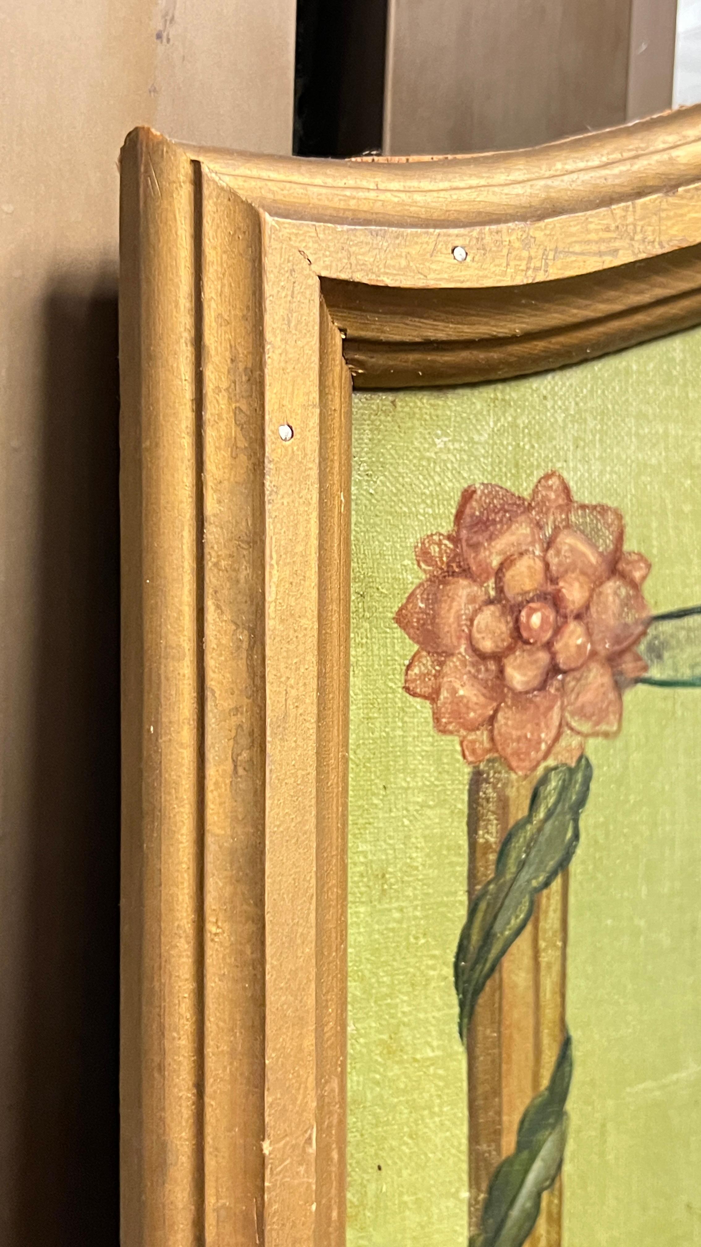 Pair of tall (71 3/4 inch) hand-painted canvas-on-pine framed panels in the Beaux Arts period style depicting neoclassical motifs including figurative oval panels, scrolling foliage, swags, floral bouquets and urns on a lime green colored ground. 