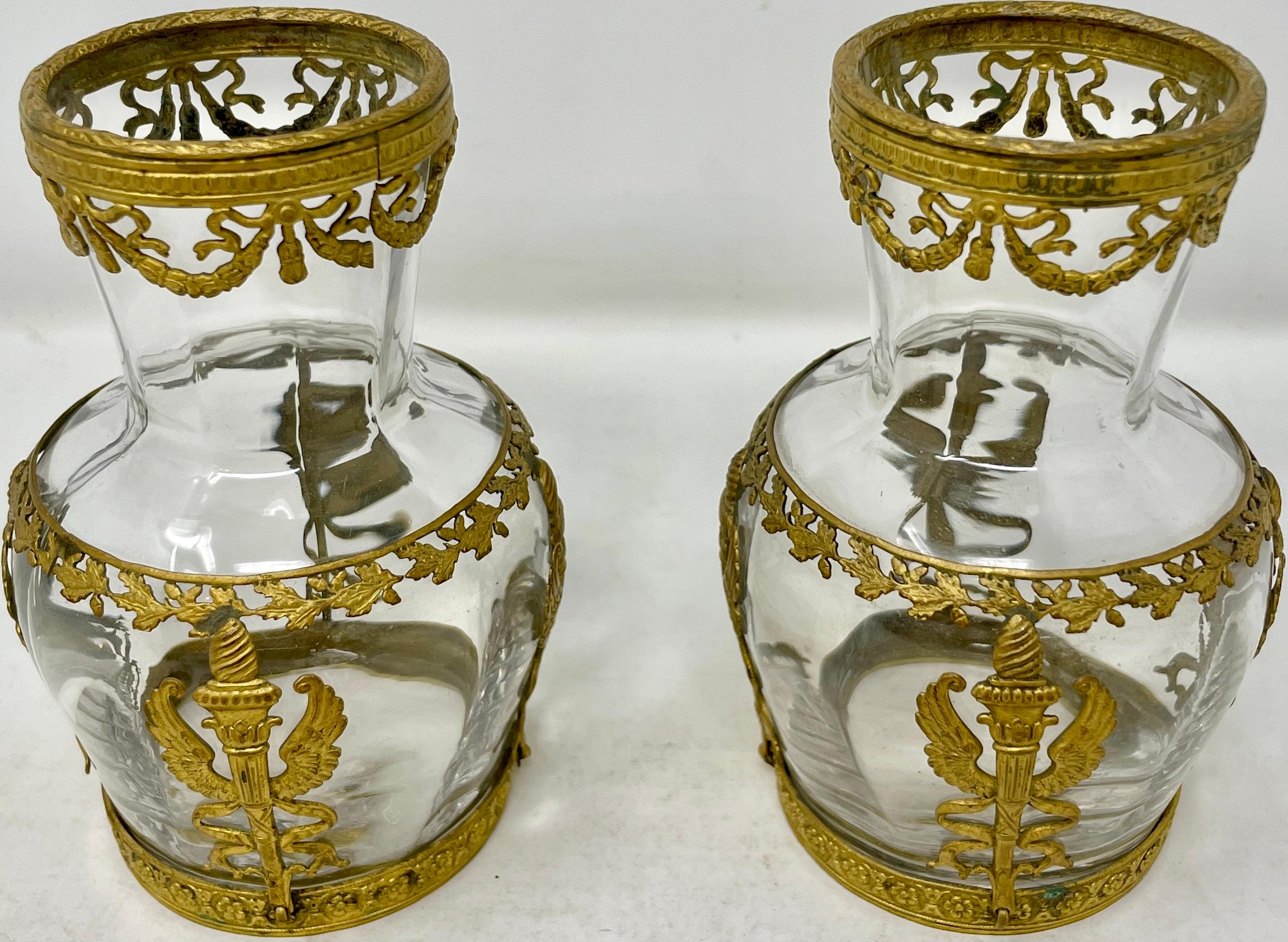 Pair antique French cut crystal bud vases with neoclassical bronze d'ore mounts, Circa 1900.
