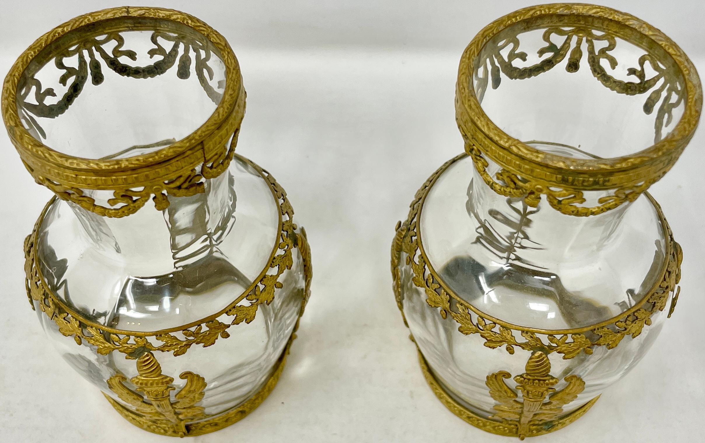 Pair Antique French Neoclassical Bronze D'ore Mounted Crystal Vases, Circa, 1900 In Good Condition In New Orleans, LA
