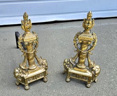 Pair Antique French Neoclassical Cast Brass Andirons