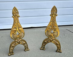 Pair Antique French Neoclassical Leaf Form Cast Brass Andirons