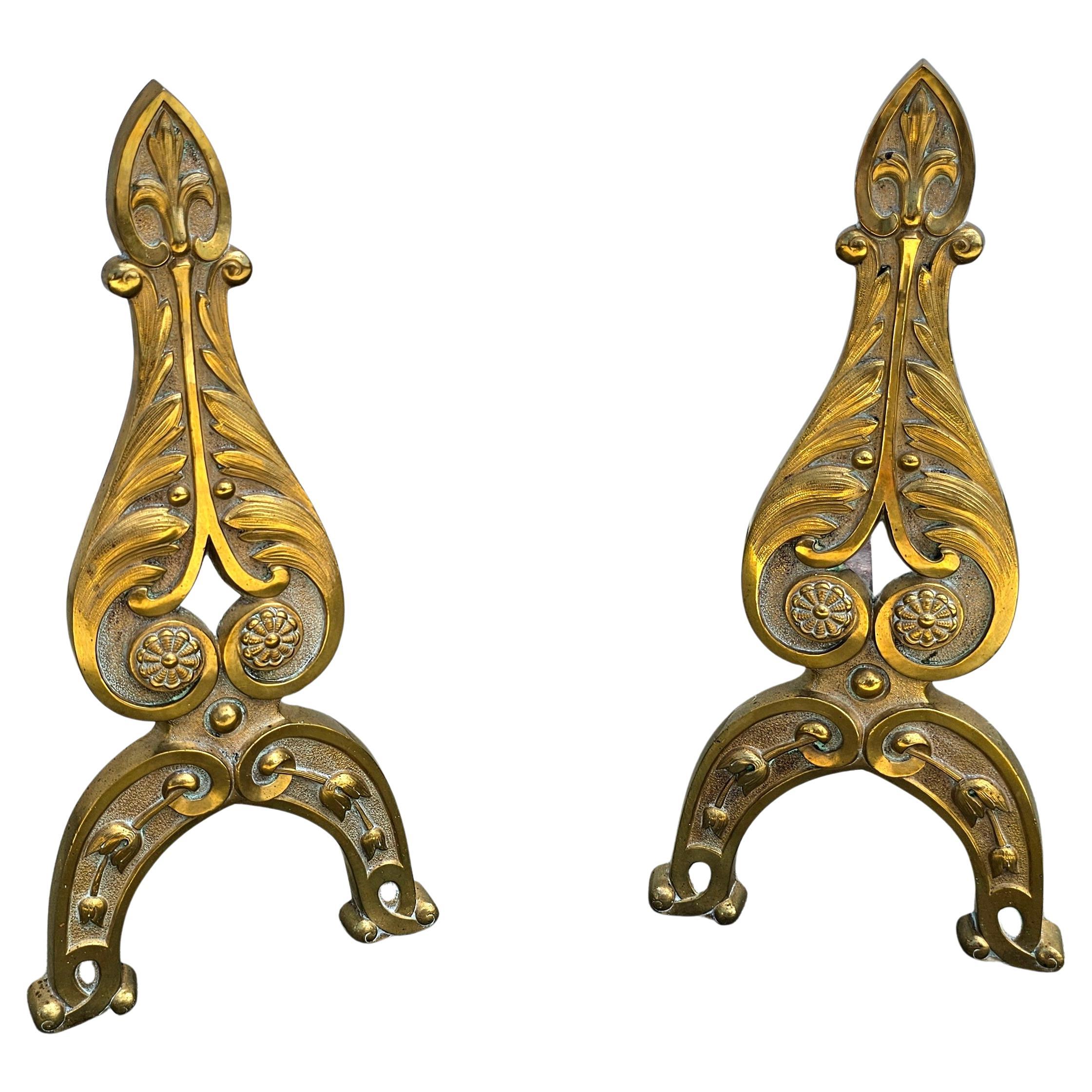 Pair Antique French Neoclassical Leaf Form Cast Brass Andirons