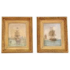 Pair Antique French Oil on Canvas Maritime Paintings