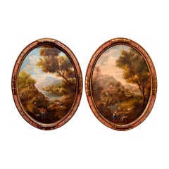 Pair Antique French Oil on Canvas Provincial Landscape Paintings after J. Vernet
