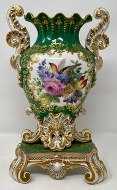 Pair Antique French Old Paris Porcelain Green & Gold Vases, circa 1830-1860