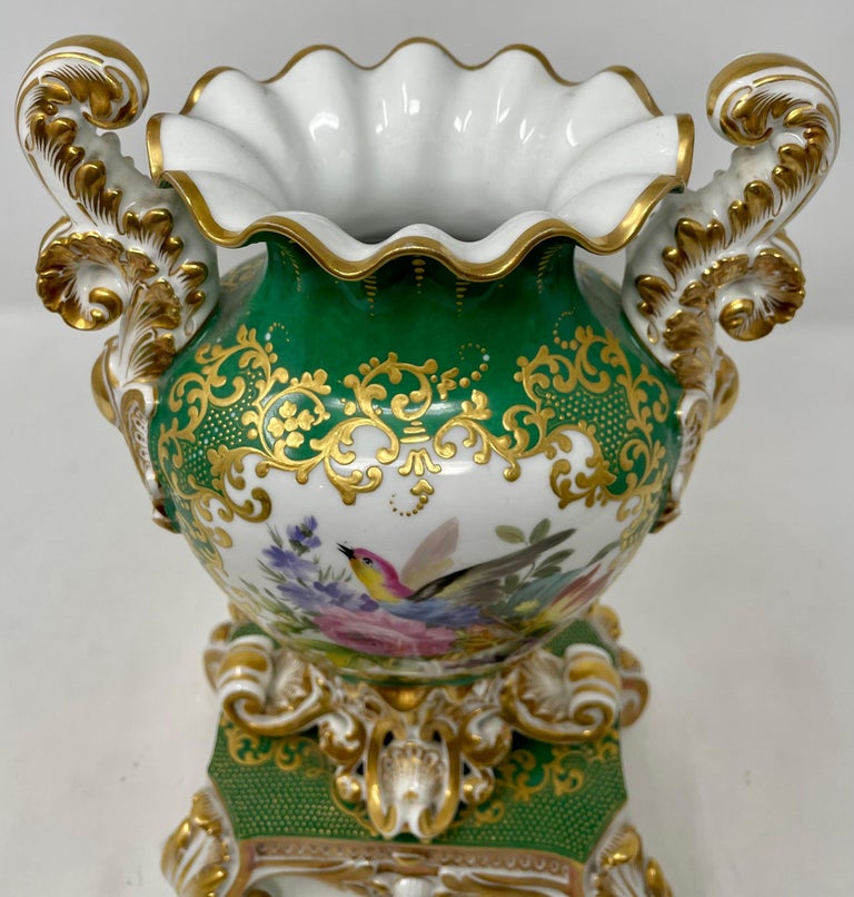 Pair Antique French Old Paris Porcelain Green and Gold Vases, circa