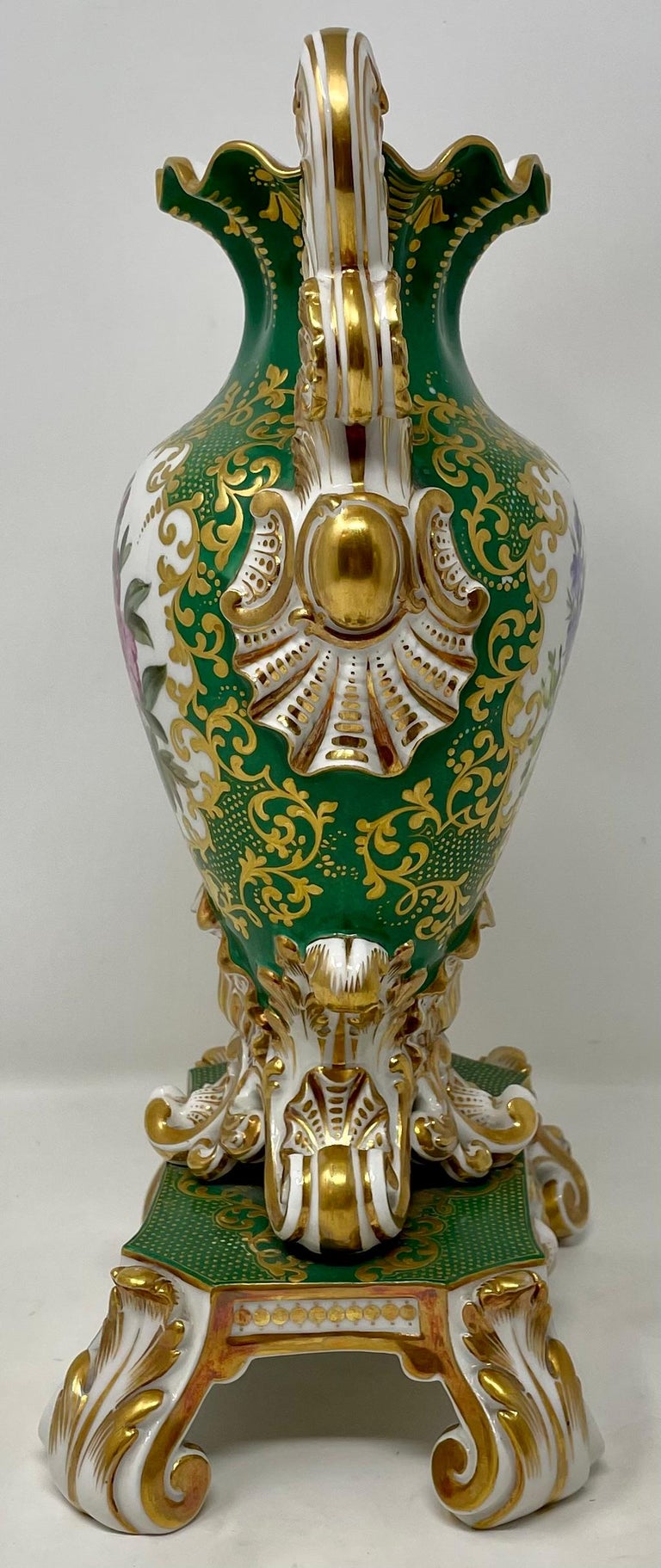 Pair Antique French Old Paris Porcelain Green and Gold Vases, circa