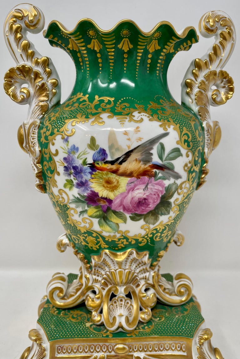 Pair Antique French Old Paris Porcelain Green and Gold Vases, circa