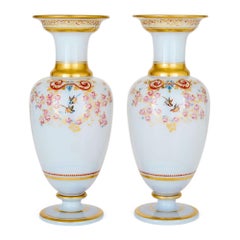 Pair Antique French Opaline Glass Painted Floral Vases Baccarat