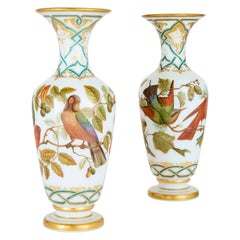 Pair Antique French Opaline Painted Glass Vases Flowers Birds Baccarat