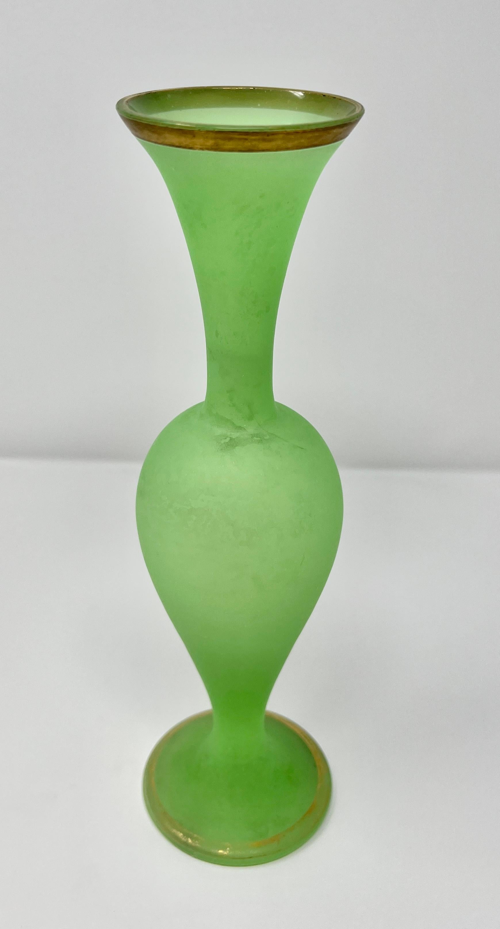 Pair Antique 19th Century French Chartreuse Green and Gold Opaline Glass Vases. In Good Condition For Sale In New Orleans, LA