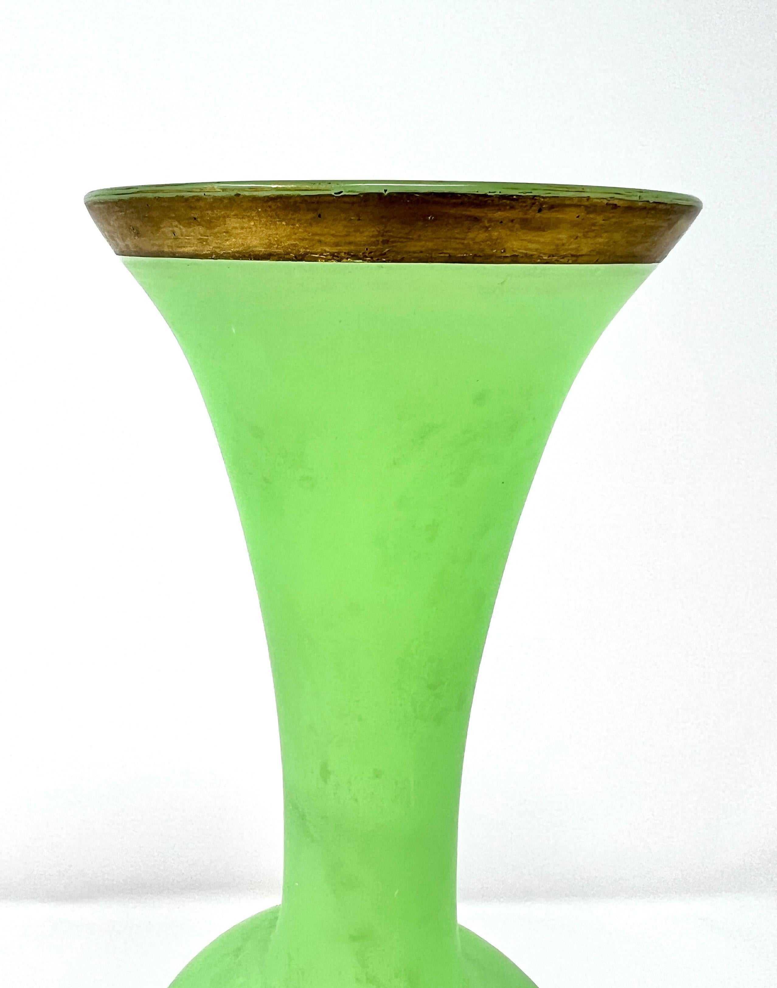 Pair Antique 19th Century French Chartreuse Green and Gold Opaline Glass Vases. For Sale 1