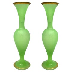 Pair Antique 19th Century French Chartreuse Green and Gold Opaline Glass Vases.
