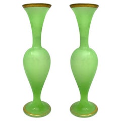 Pair Antique 19th Century French Chartreuse Green and Gold Opaline Glass Vases.