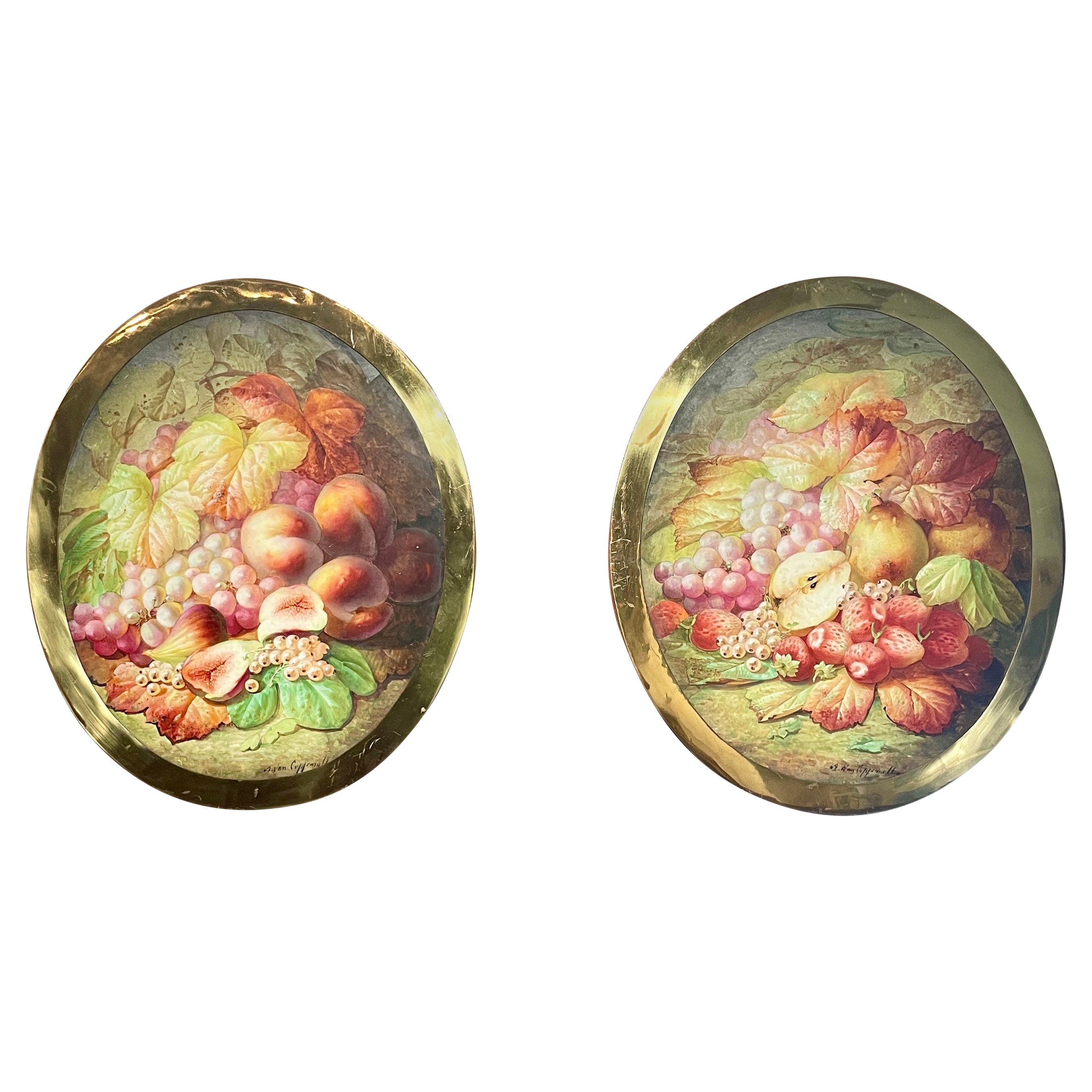 Paar antike französische Original Edmond Van Coppenolle Gemälde auf Porzellanplaketten, Original