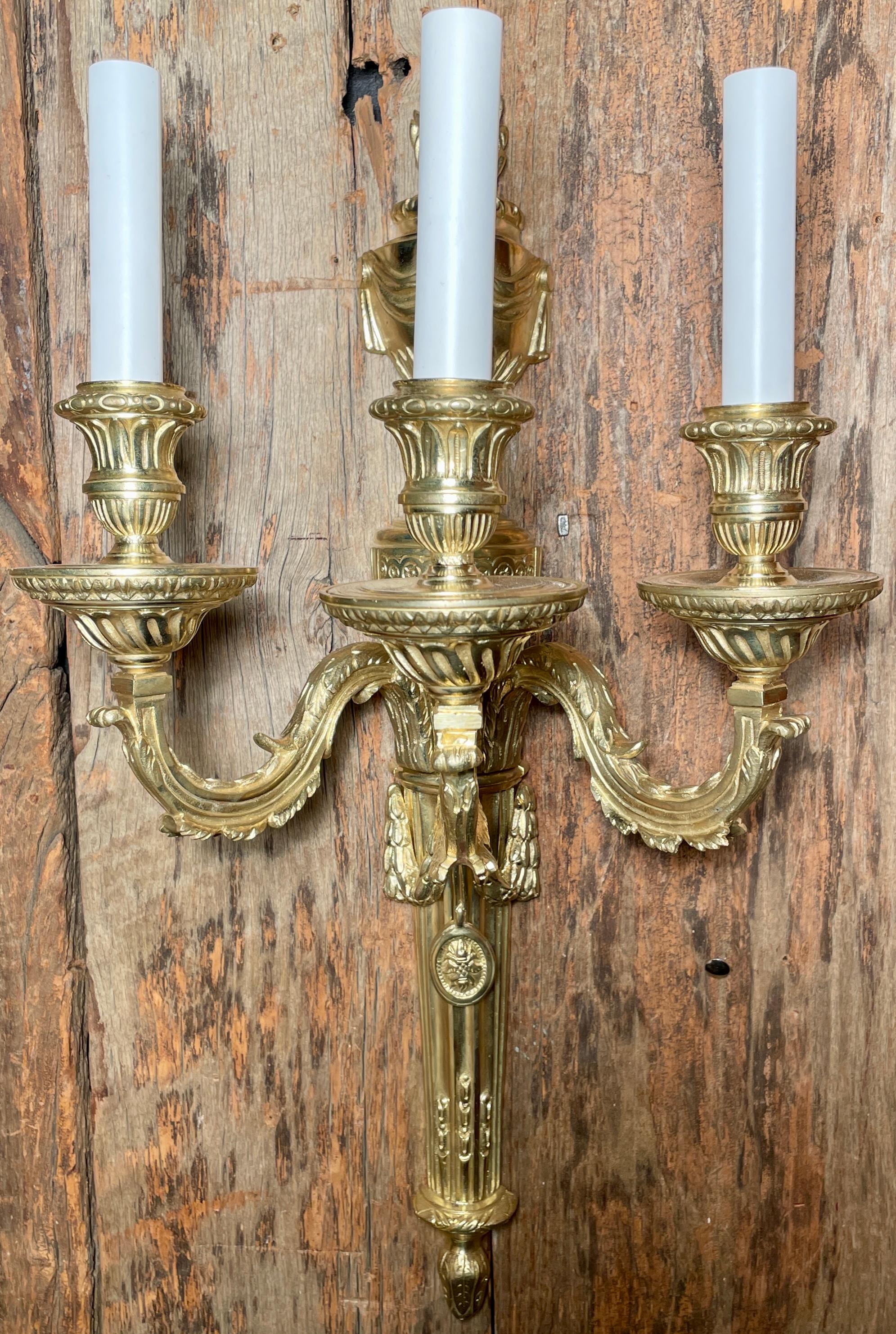 Pair Antique French Ormolu 3-Light Sconces, circa 1890's In Good Condition For Sale In New Orleans, LA