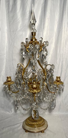 Pair Antique French Ormolu and Baccarat Crystal Girandoles/Candelabra, c 1860-80