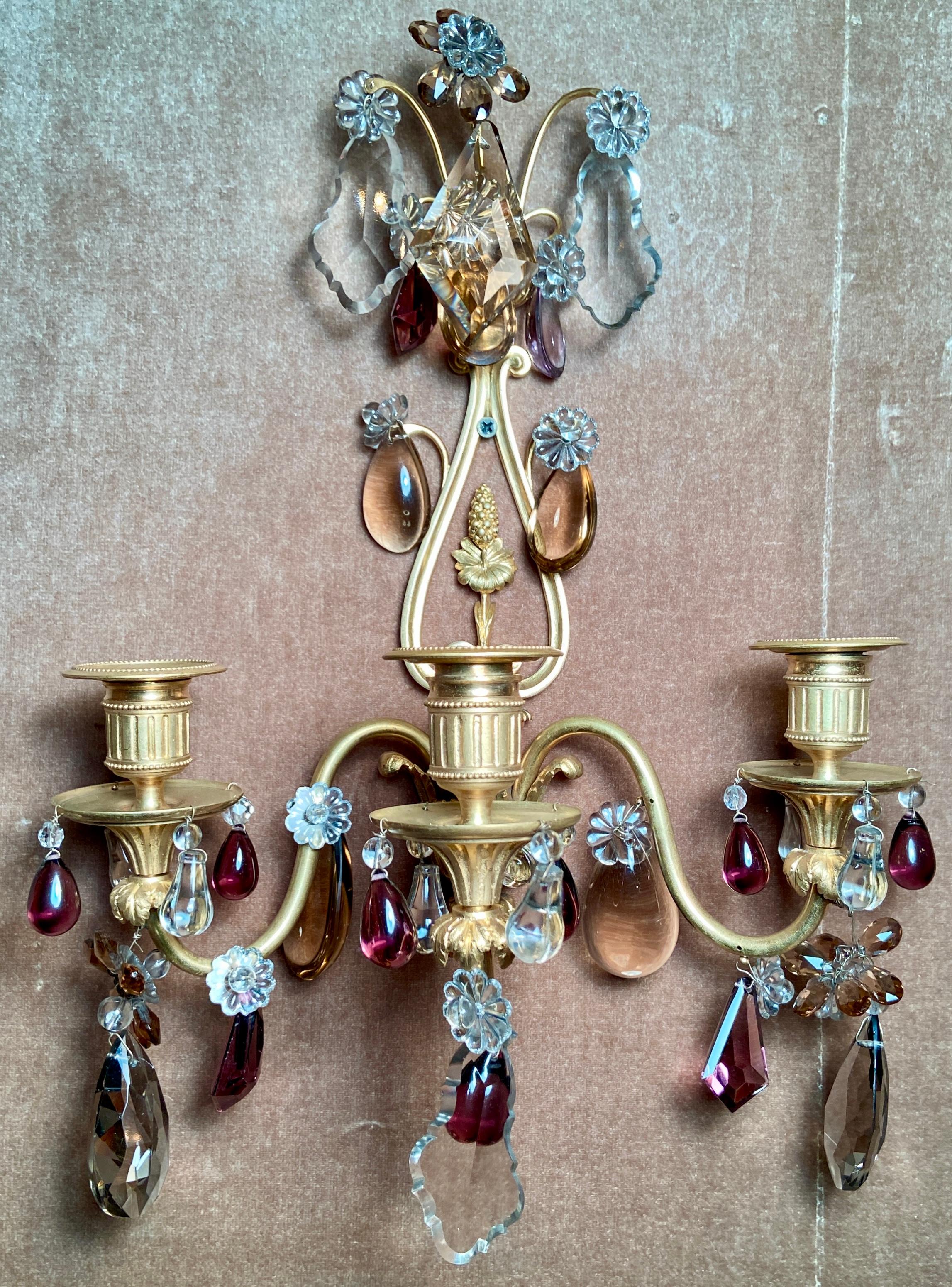 Pair Antique French Ormolu and Baccarat Crystal Wall Lights, Circa 1885.