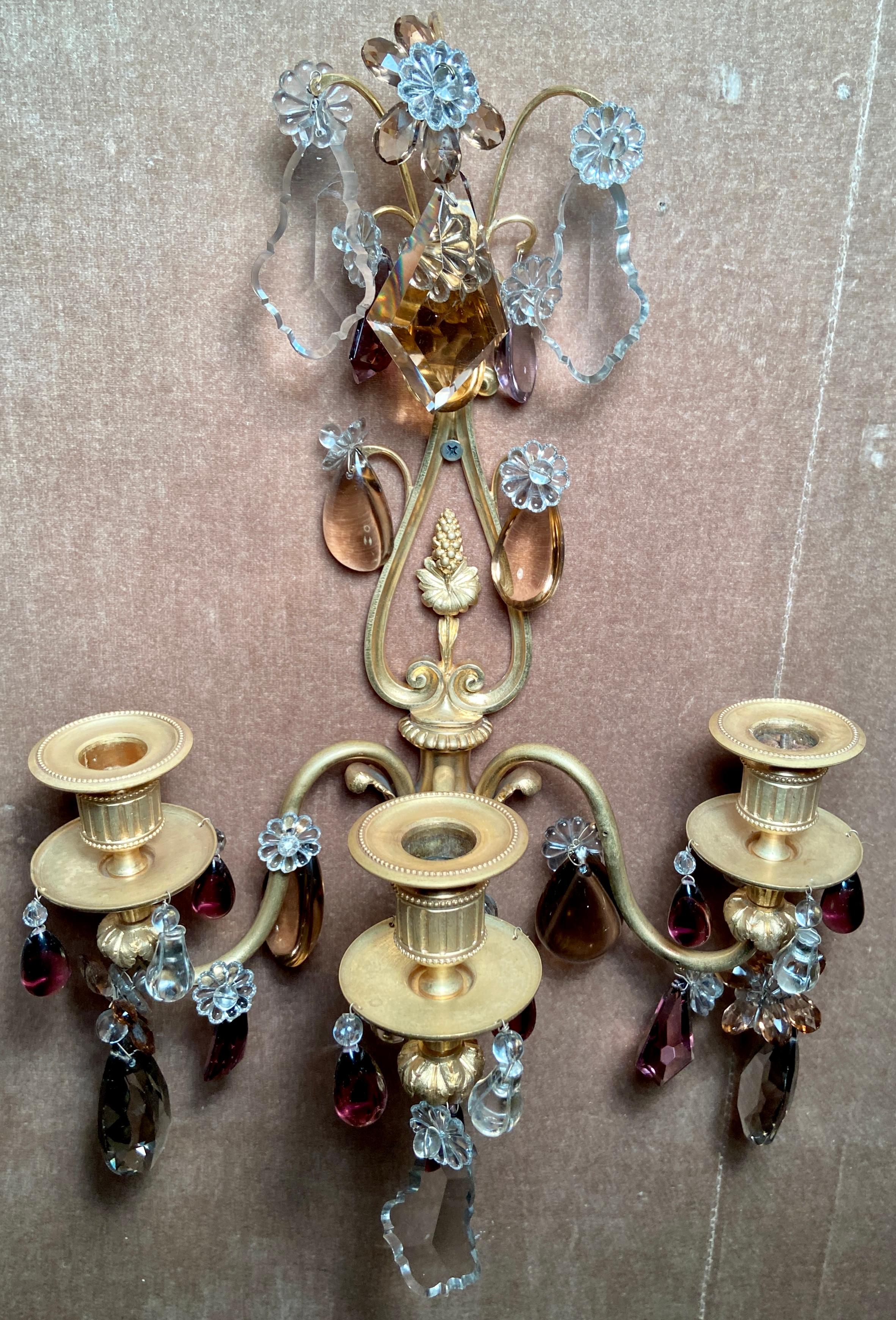 Pair Antique French Ormolu and Baccarat Crystal Wall Lights, circa 1885 In Good Condition For Sale In New Orleans, LA