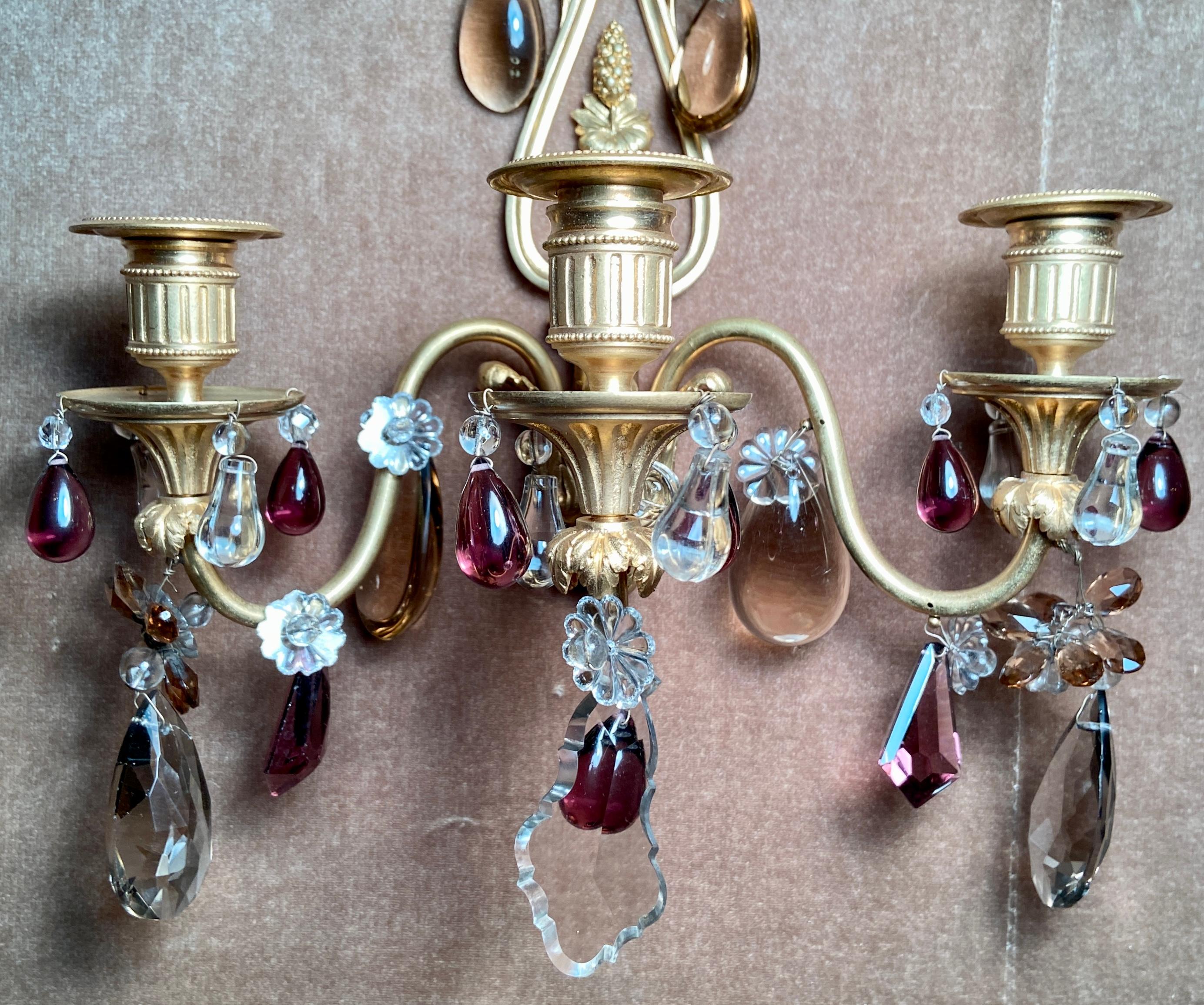 Pair Antique French Ormolu and Baccarat Crystal Wall Lights, circa 1885 For Sale 1