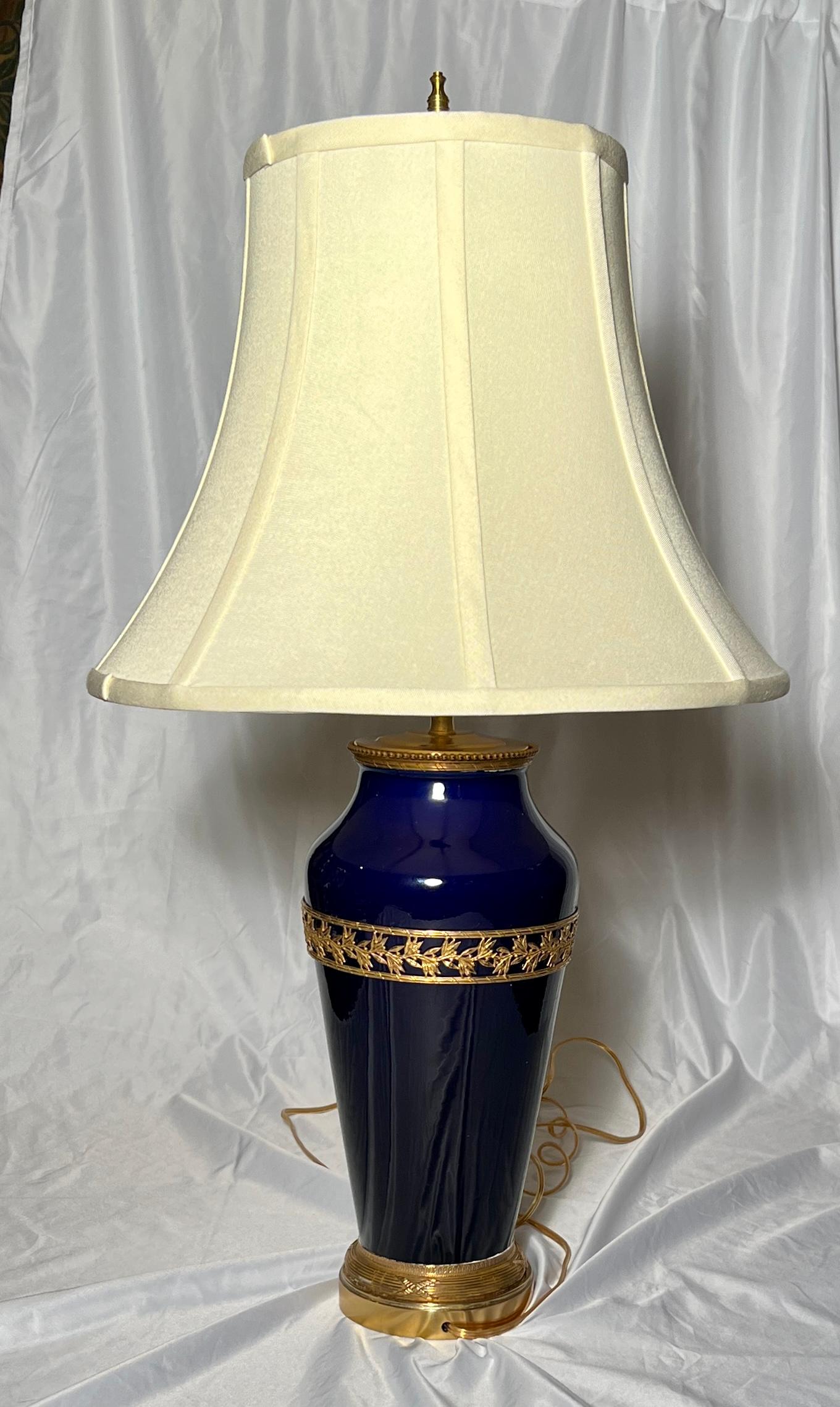19th Century Pair Antique French Ormolu and Cobalt Blue Enameled Porcelain Lamps, Circa 1890  For Sale