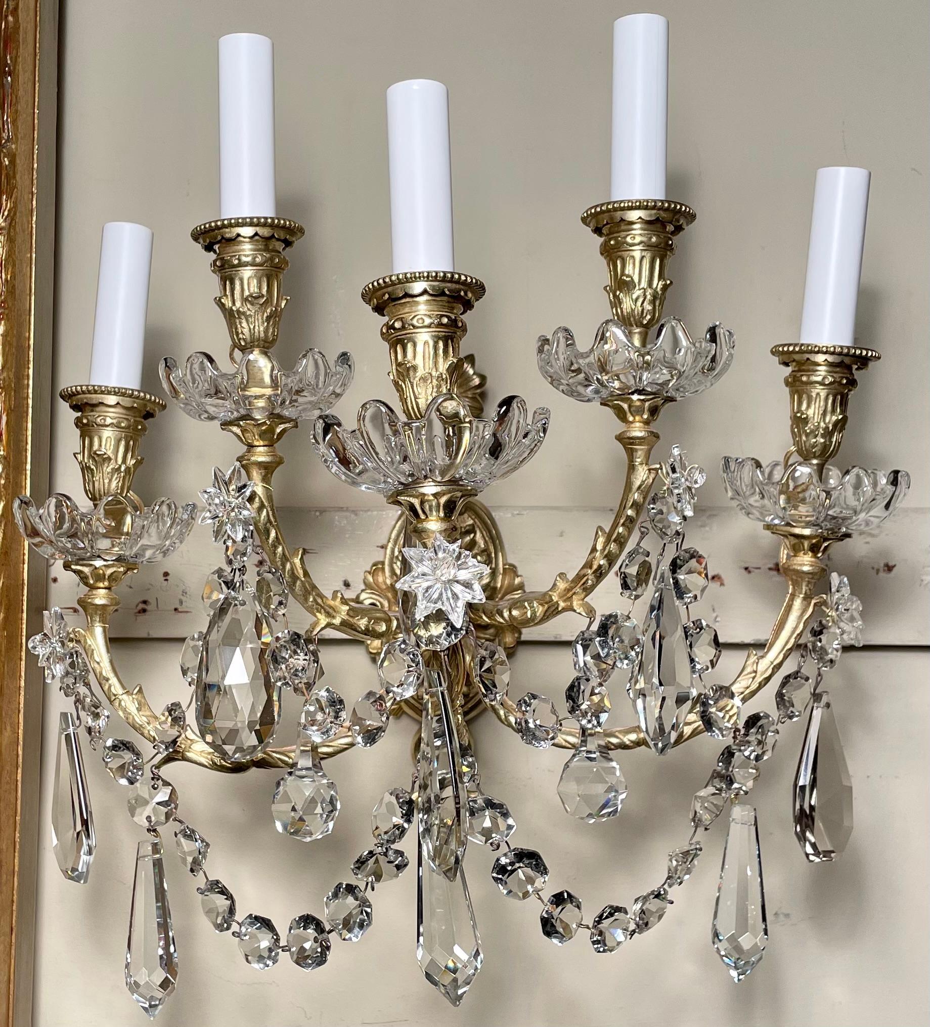 Pair Antique French Ormolu bronze and baccarat crystal five light sconces, Circa 1890.