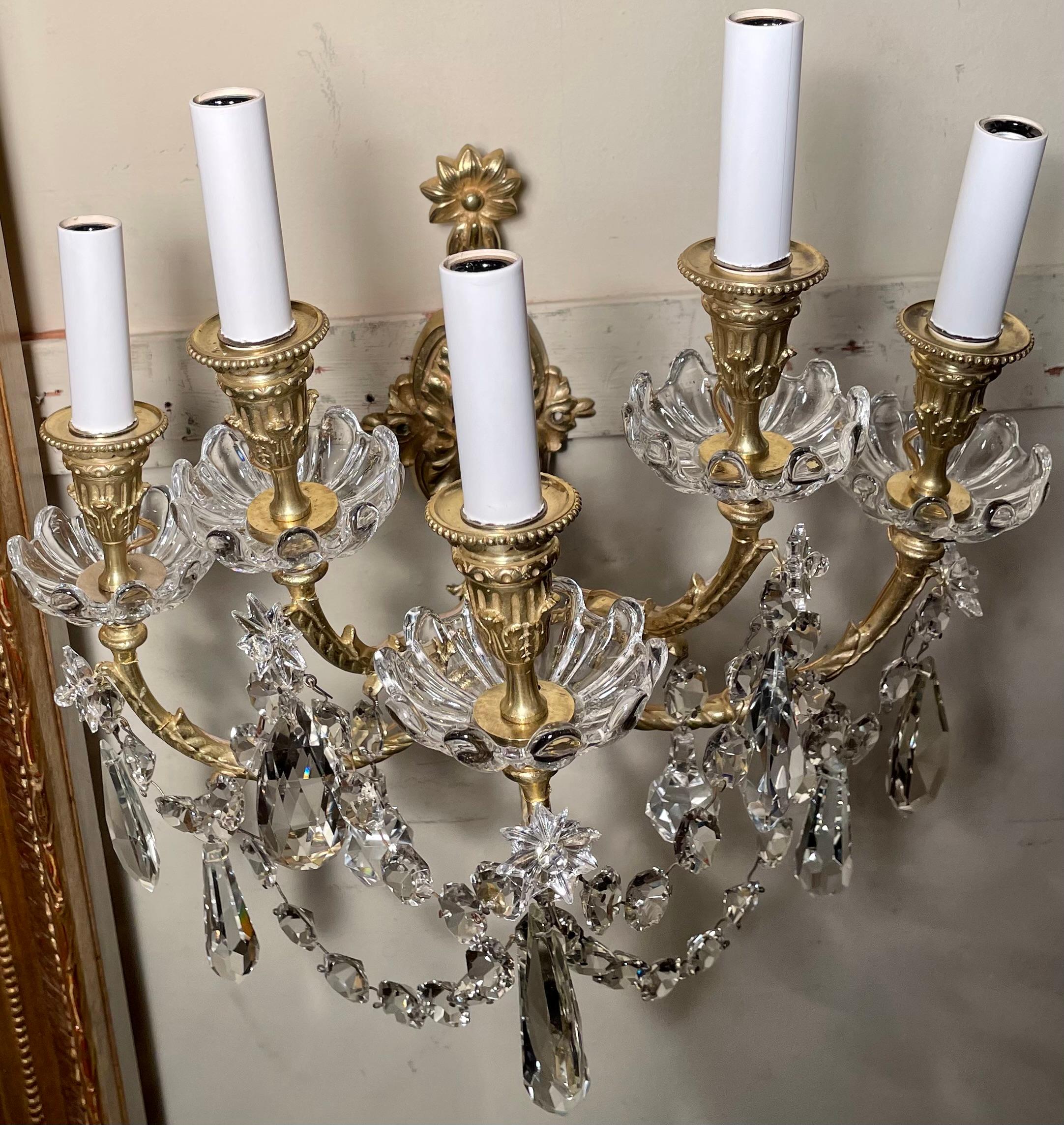 19th Century Pair Antique French Ormolu Bronze & Baccarat Crystal 5 Light Sconces, Circa 1890 For Sale