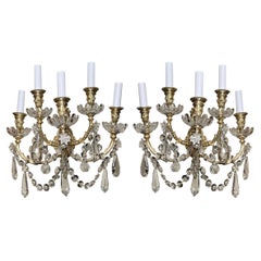 Pair Antique French Ormolu Bronze & Baccarat Crystal 5 Light Sconces, Circa 1890