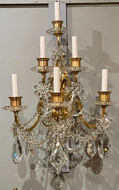 Pair Antique French Ormolu Bronze & Original Baccarat Crystal Sconces Circa 1885
