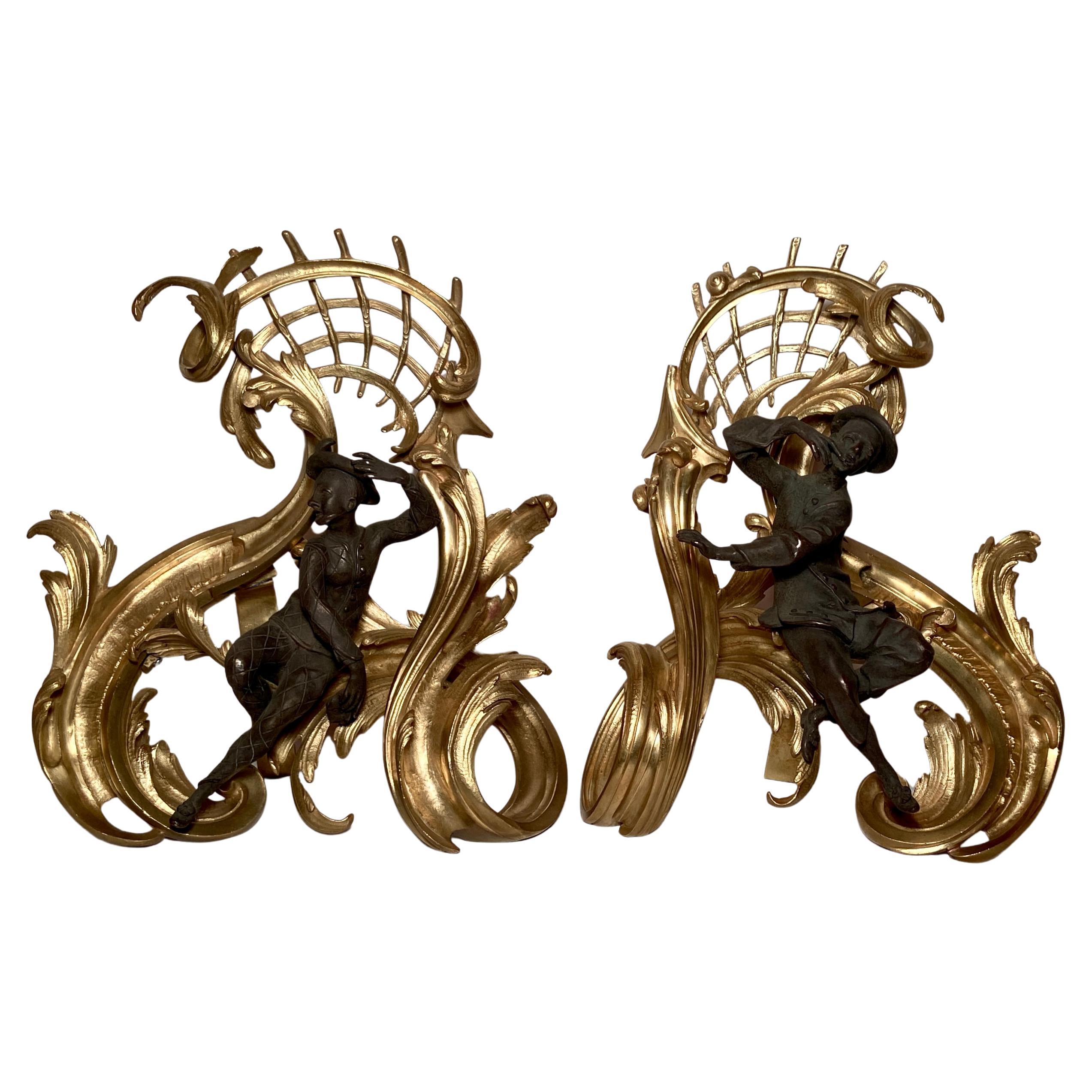 Pair Antique French Ormolu "Chenets" with Patinated Bronze Figures, Circa 1860