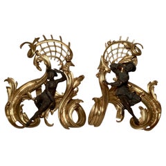 Pair Antique French Ormolu "Chenets" with Patinated Bronze Figures, Circa 1860