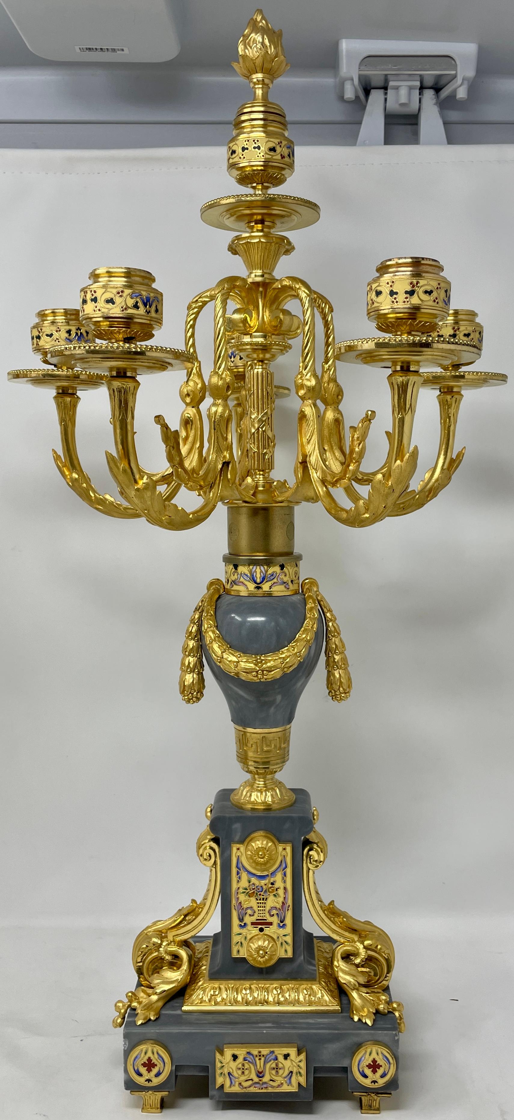 Pair antique French finest ormolu and blue grey marble candelabra with cloisonné enamel, circa 1885-1895.