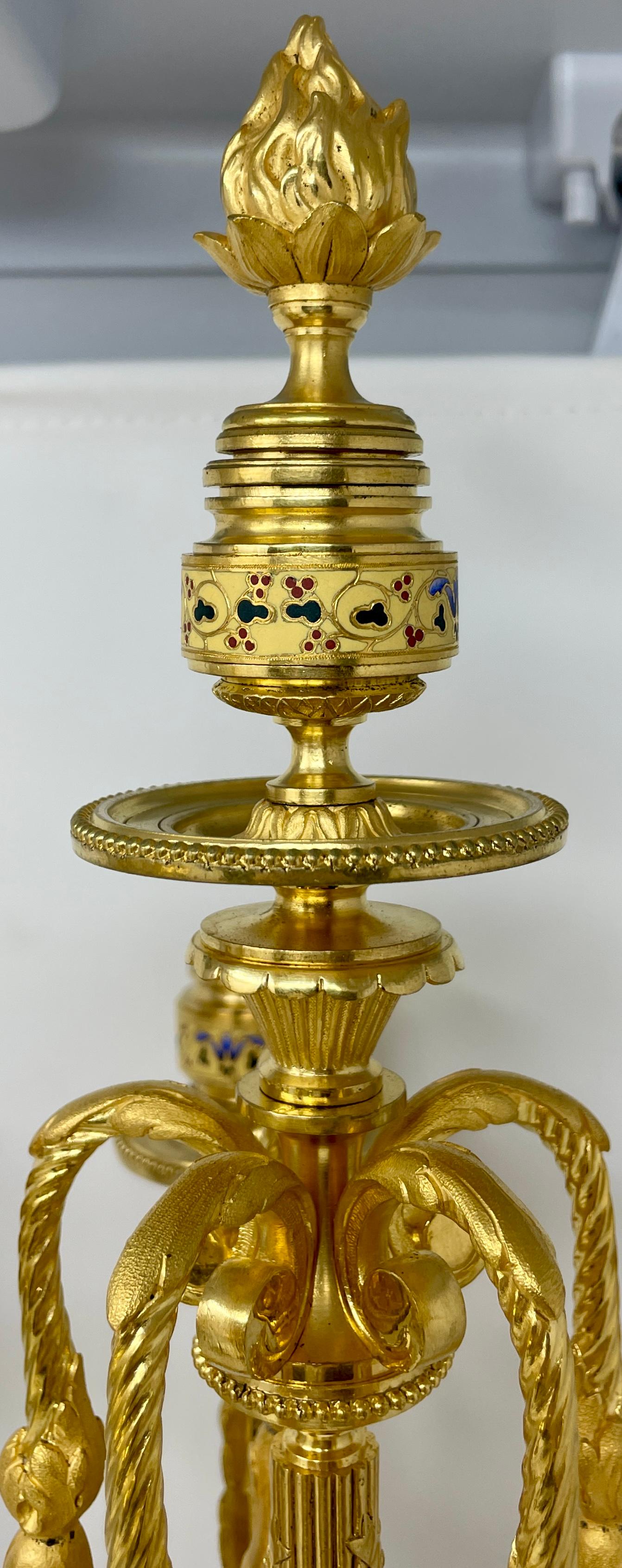 Pair Antique French Ormolu, Grey Marble & Cloisonné Enamel Candelabra Circa 1885 In Good Condition For Sale In New Orleans, LA