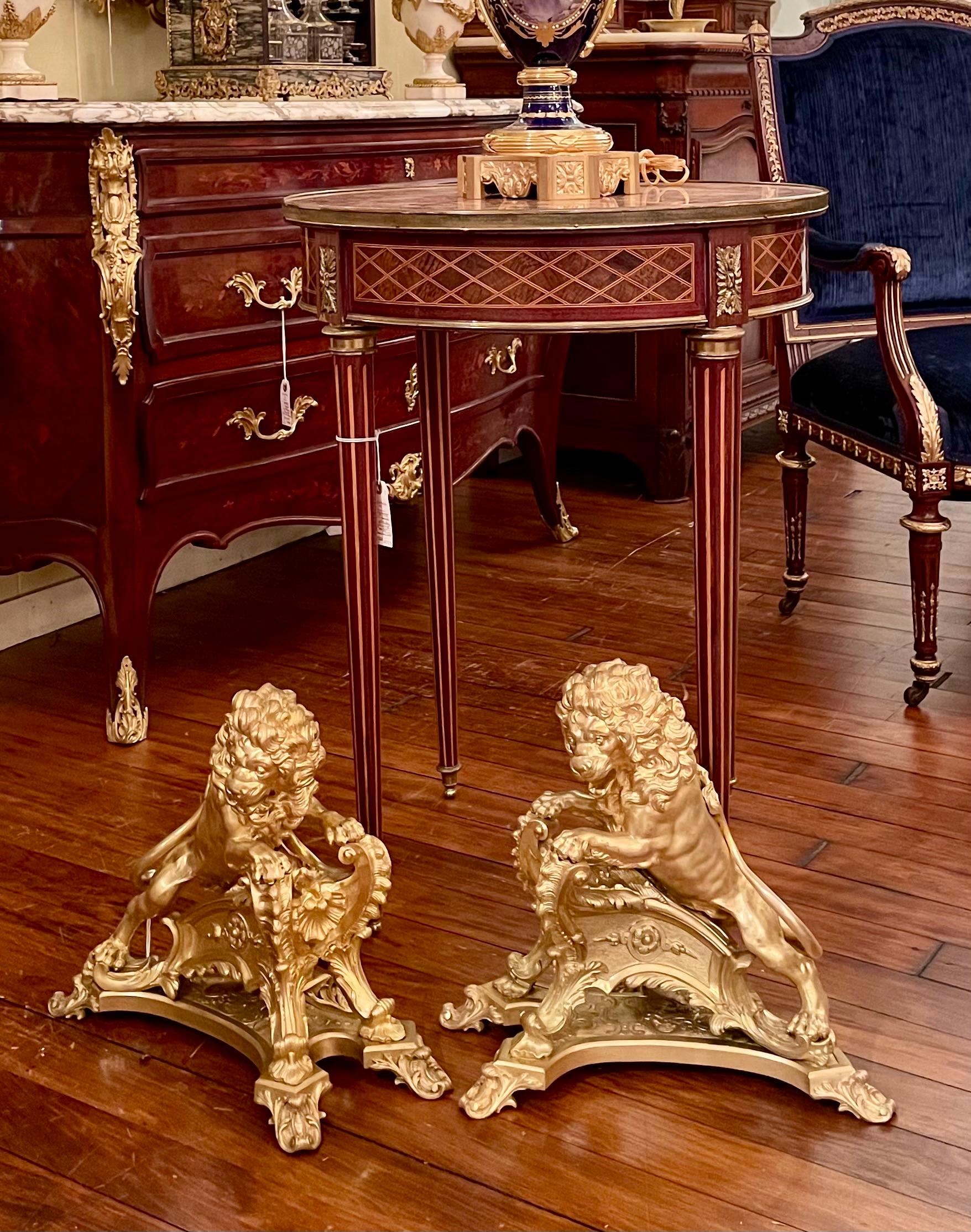 Pair Antique French Ormolu Lions Rampant Andirons, Circa 1890. For Sale 6