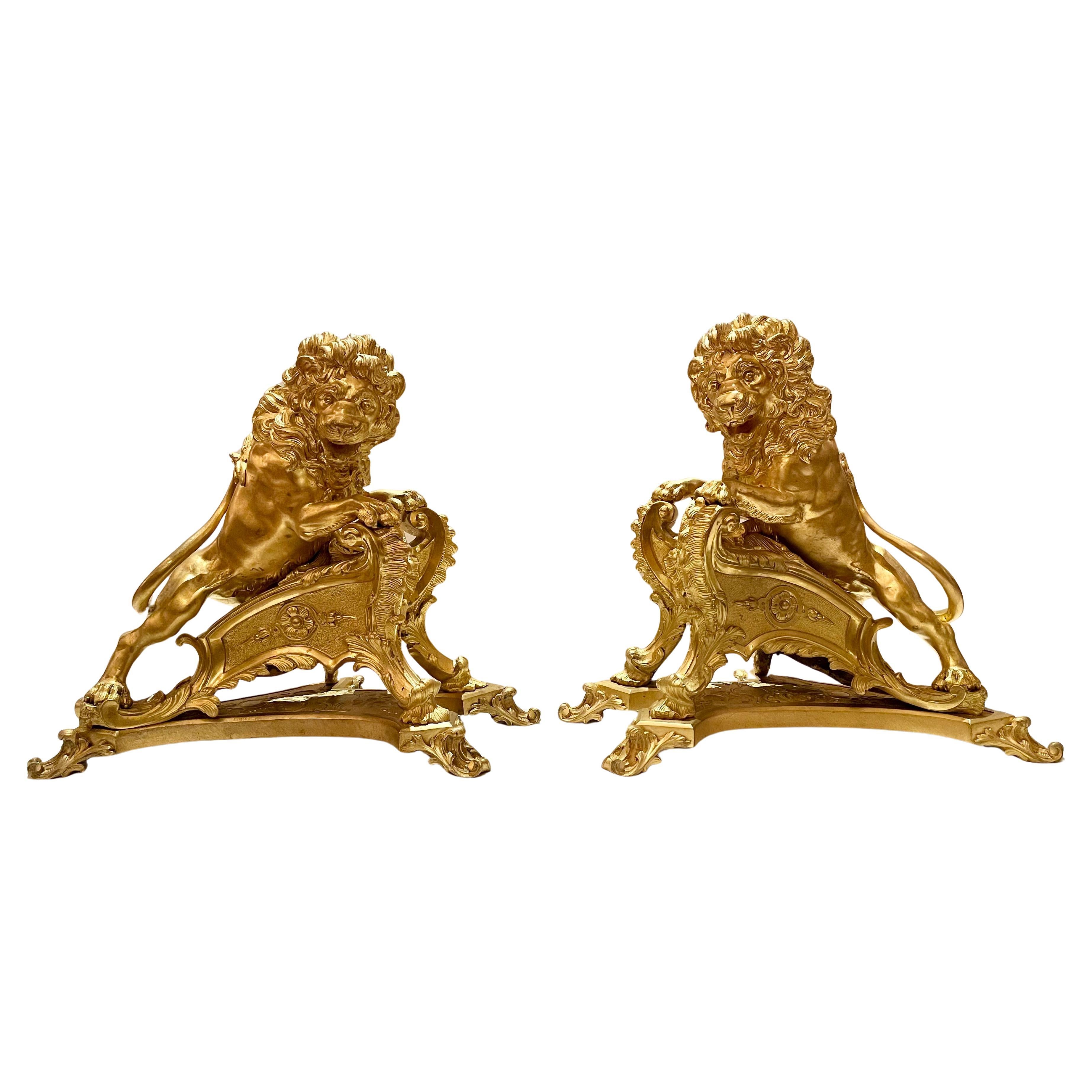 Pair Antique French Ormolu Lions Rampant Andirons, Circa 1890. 