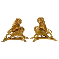 Pair Antique French Ormolu Lions Rampant Andirons, Circa 1890.