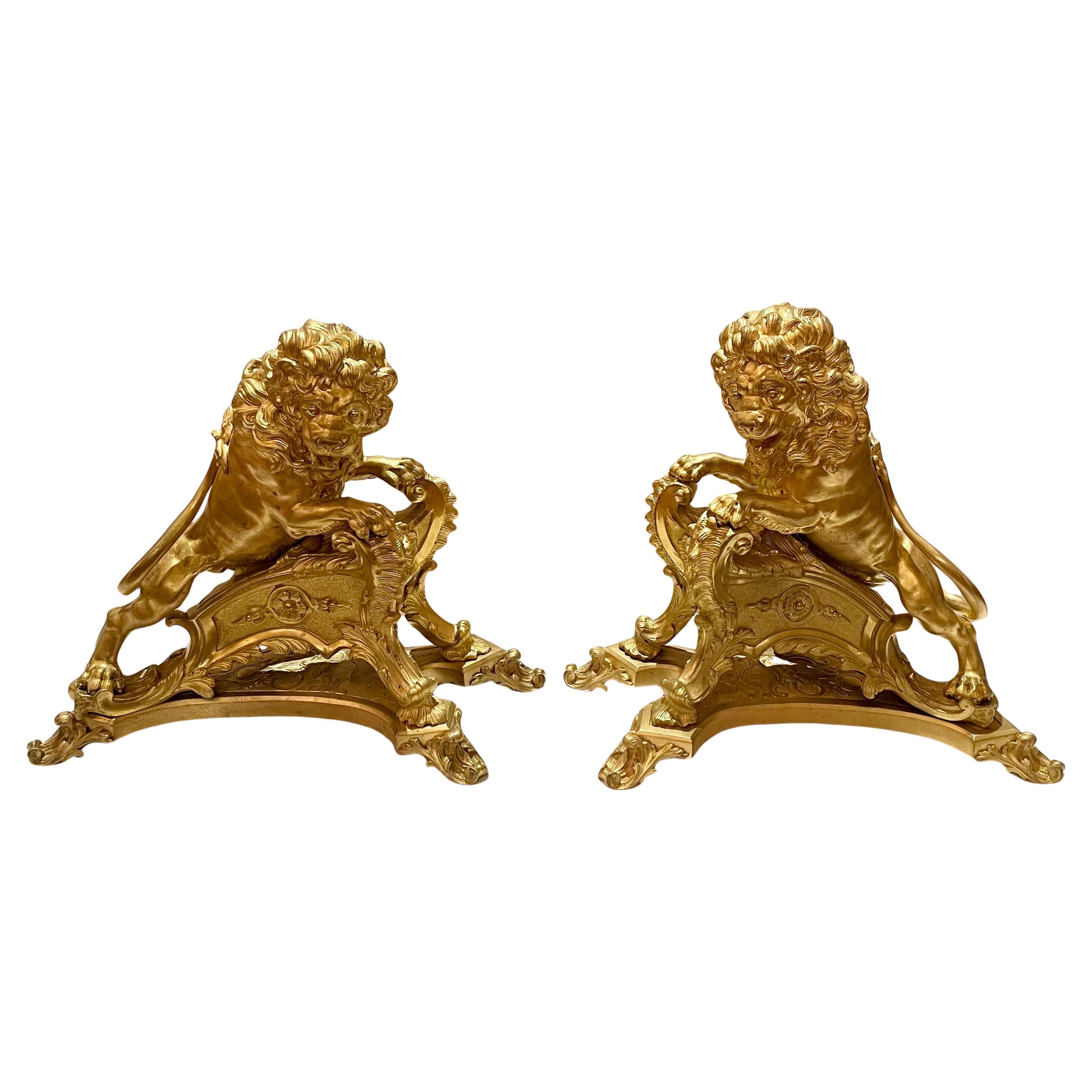 Pair Antique French Ormolu Lions Rampant Andirons, Circa 1890. In Good Condition For Sale In New Orleans, LA