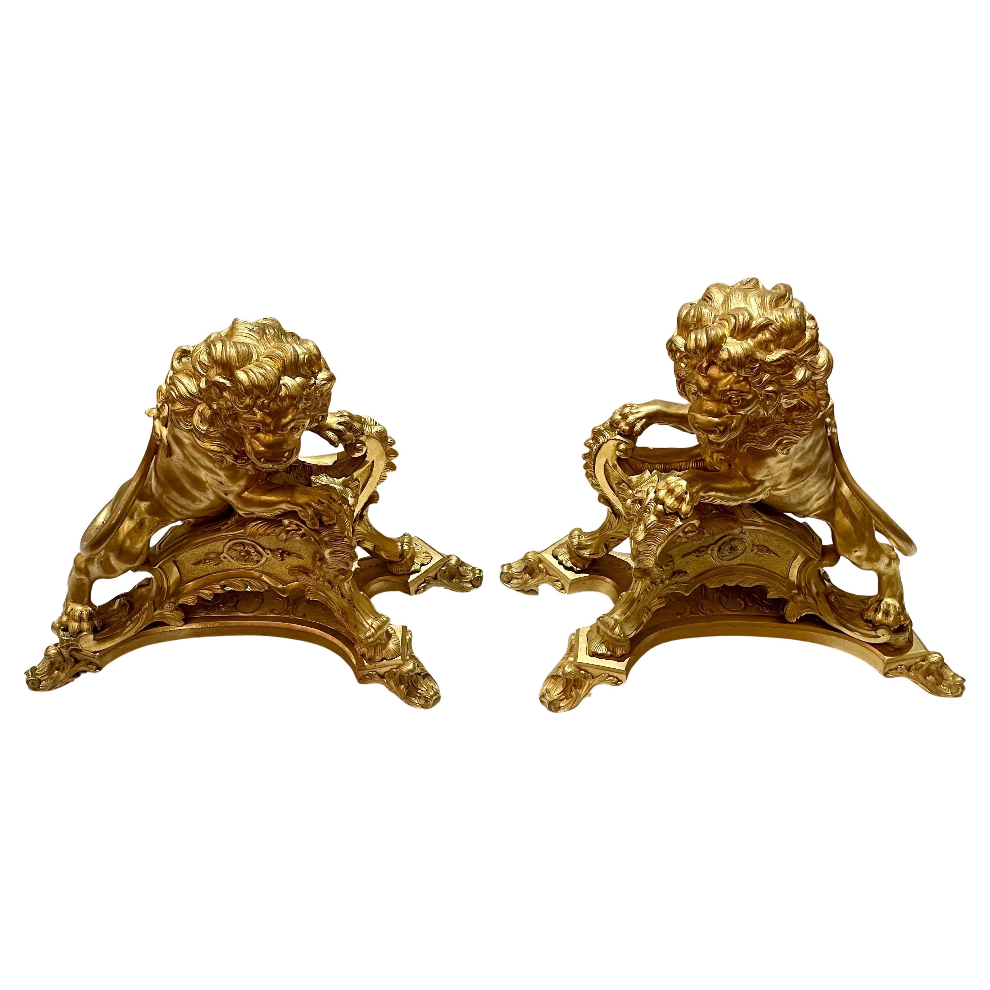 19th Century Pair Antique French Ormolu Lions Rampant Andirons, Circa 1890. For Sale